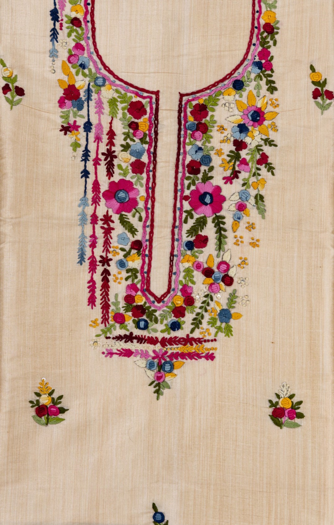 Semi Tussar unstitched kurta with intricate hand embroidery by Adrika