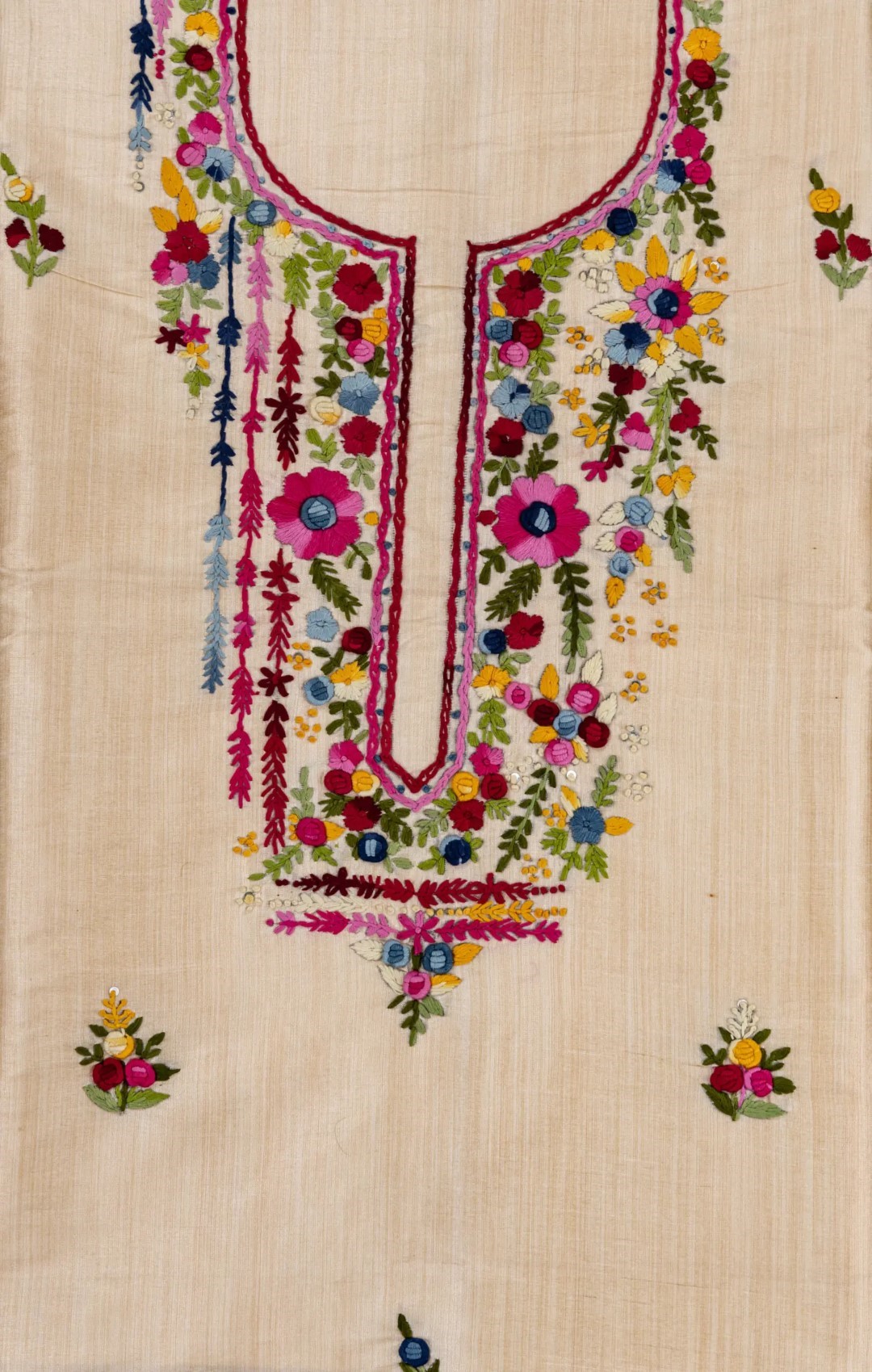 Semi Tussar unstitched kurta with intricate hand embroidery by Adrika