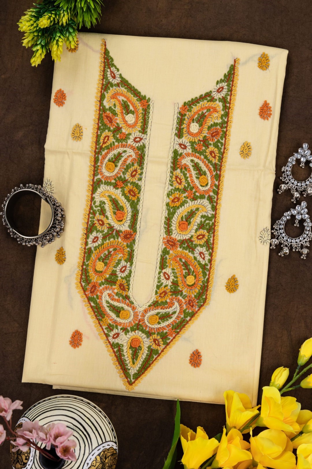 Adrika Unstitched Kurta with Multicoloured Thread Embroidery