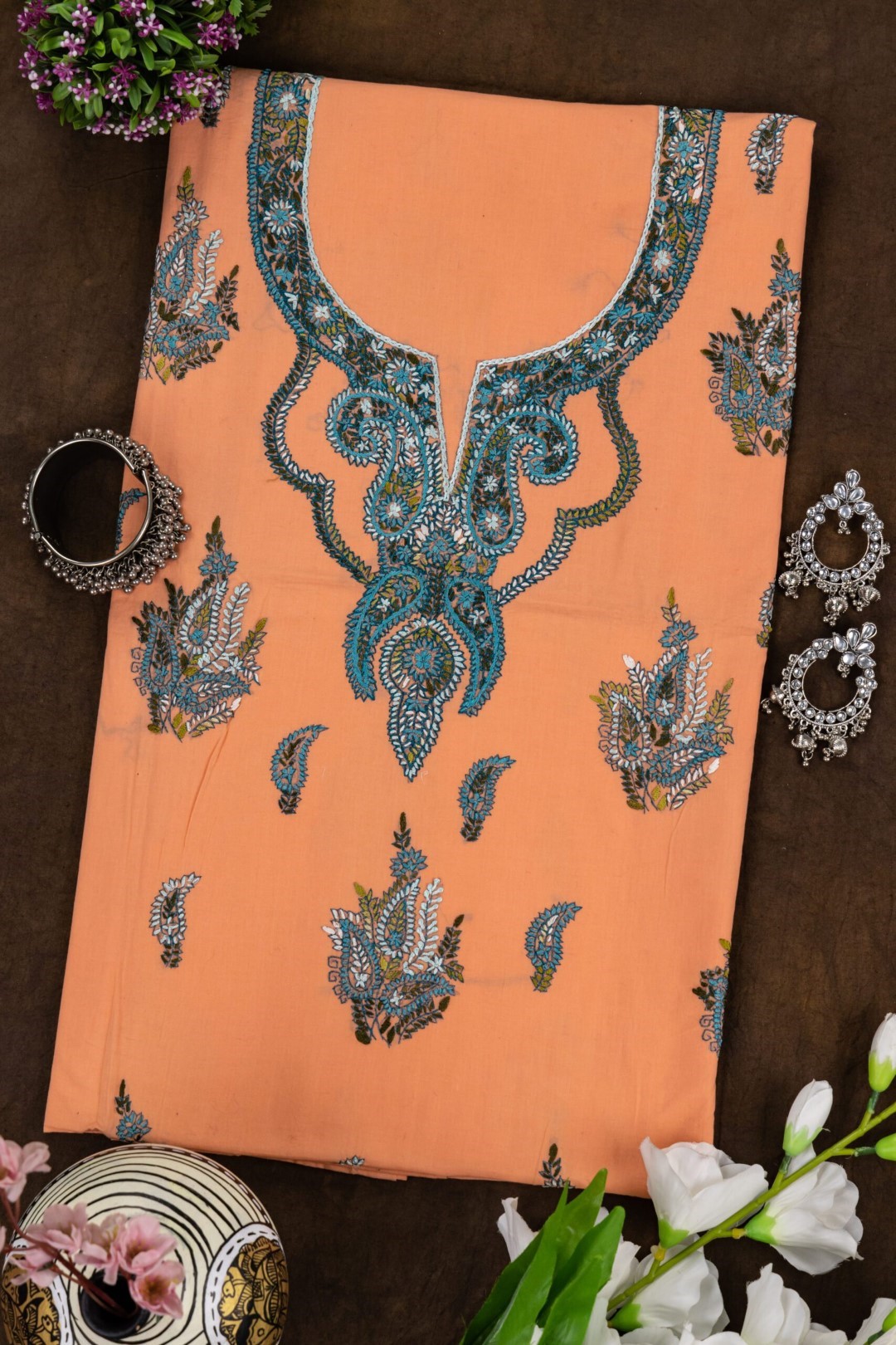 Adrika Unstitched Kurta with Blue and Green Thread Embroidery