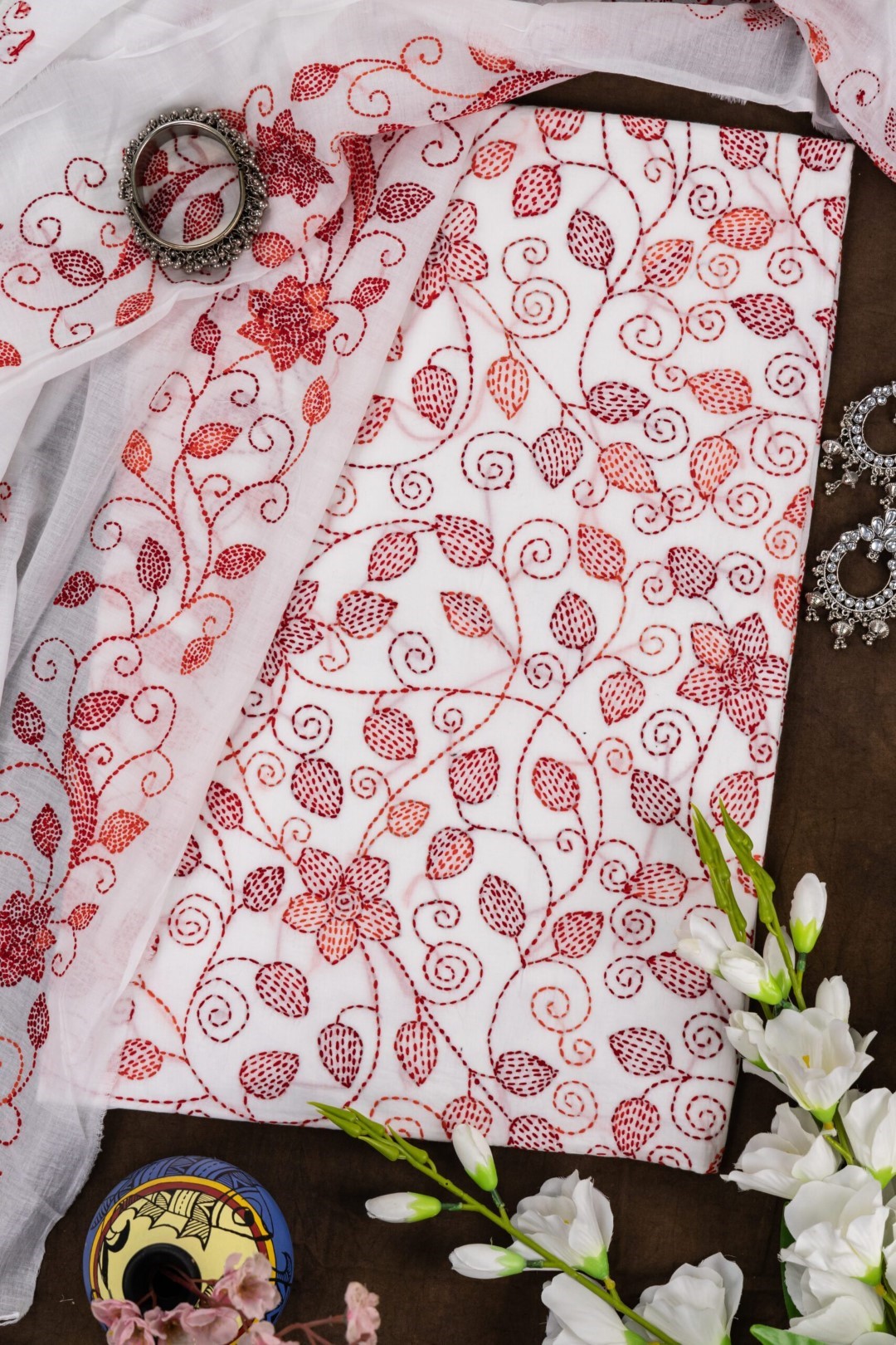 Unstitched 3 Piece Kurta Set with Red & Orange Hand Embroidery by Adrika