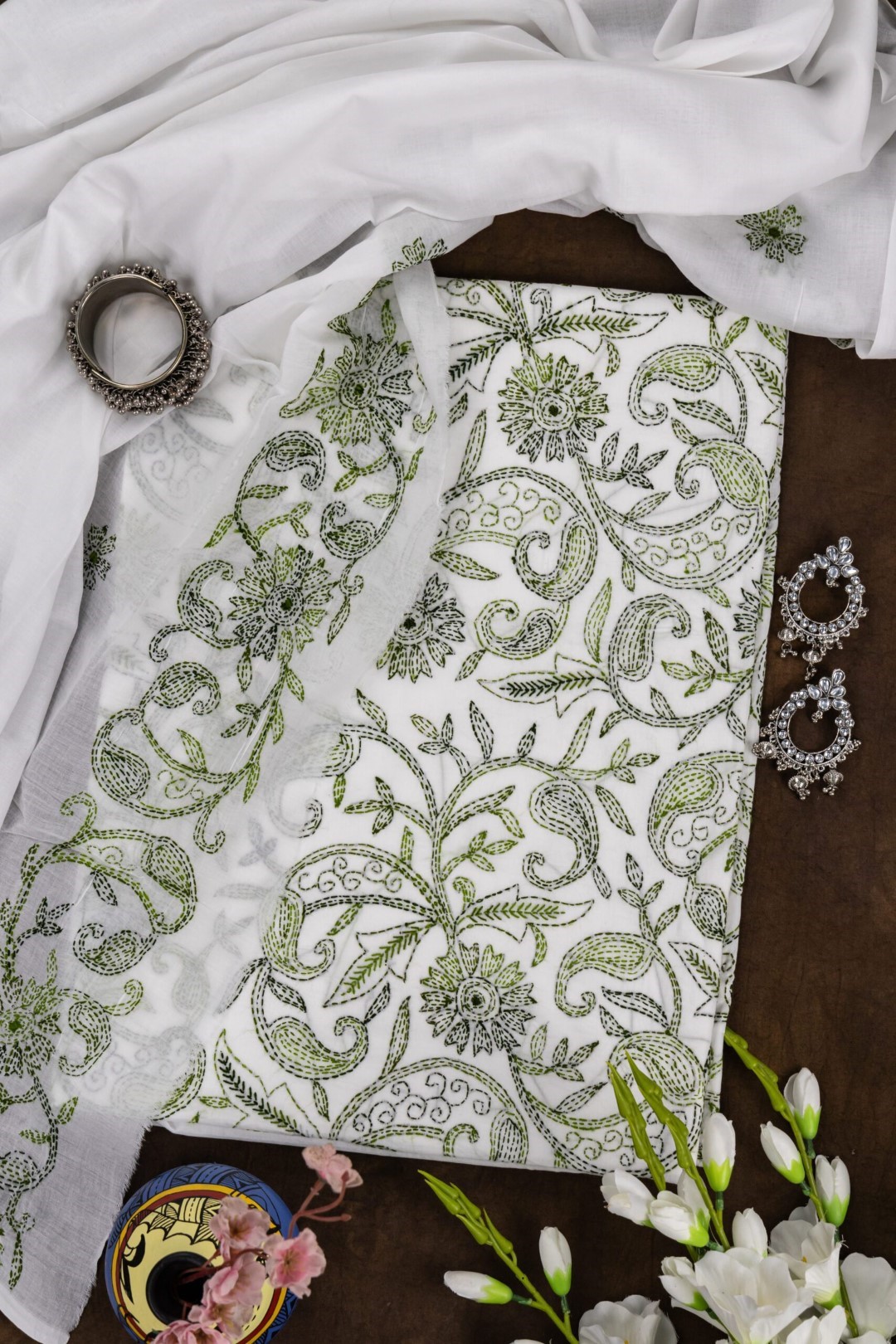 Adrika Different Shades of Green Hand Embroidered Unstitched Kurta Set