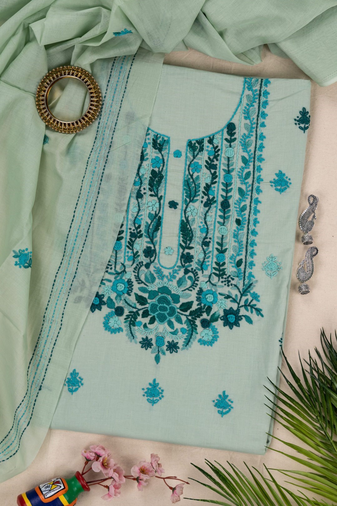 Adrika Green Thread Hand Embroidered Unstitched 3 Piece Kurta Set