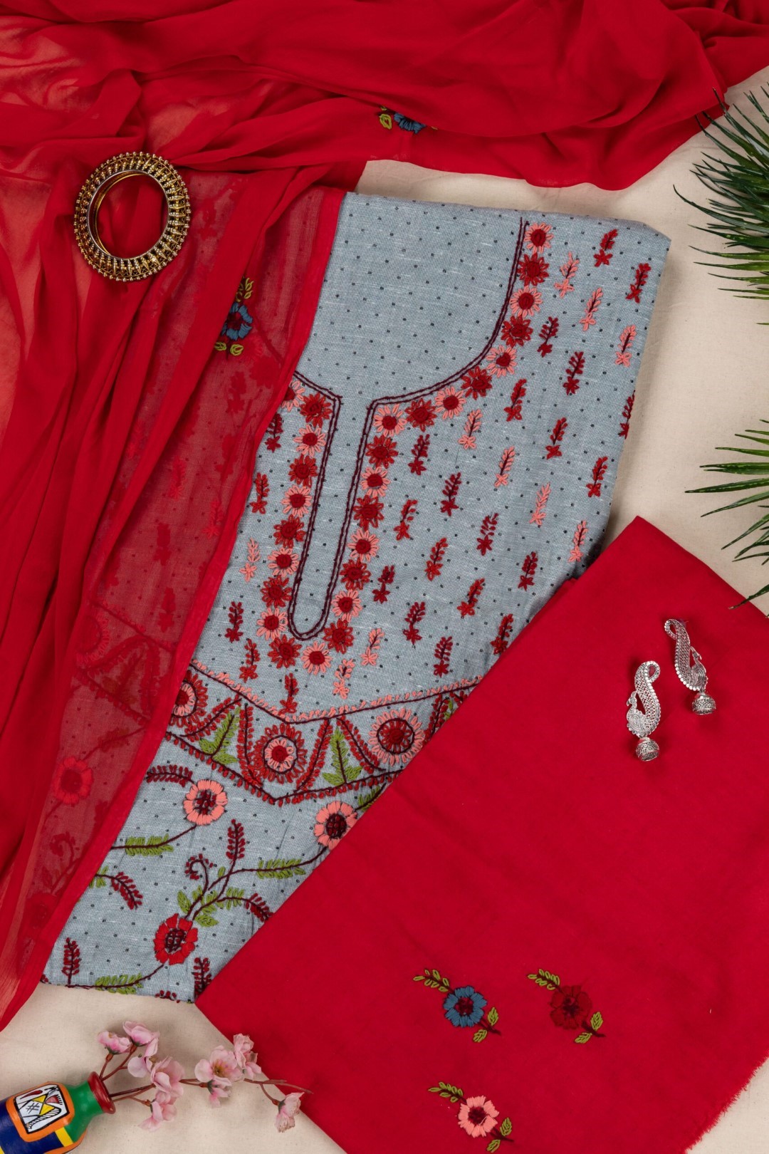 Adrika Hand Embroidered Unstitched 3 Piece Kurta Set with Chiffon Dupatta