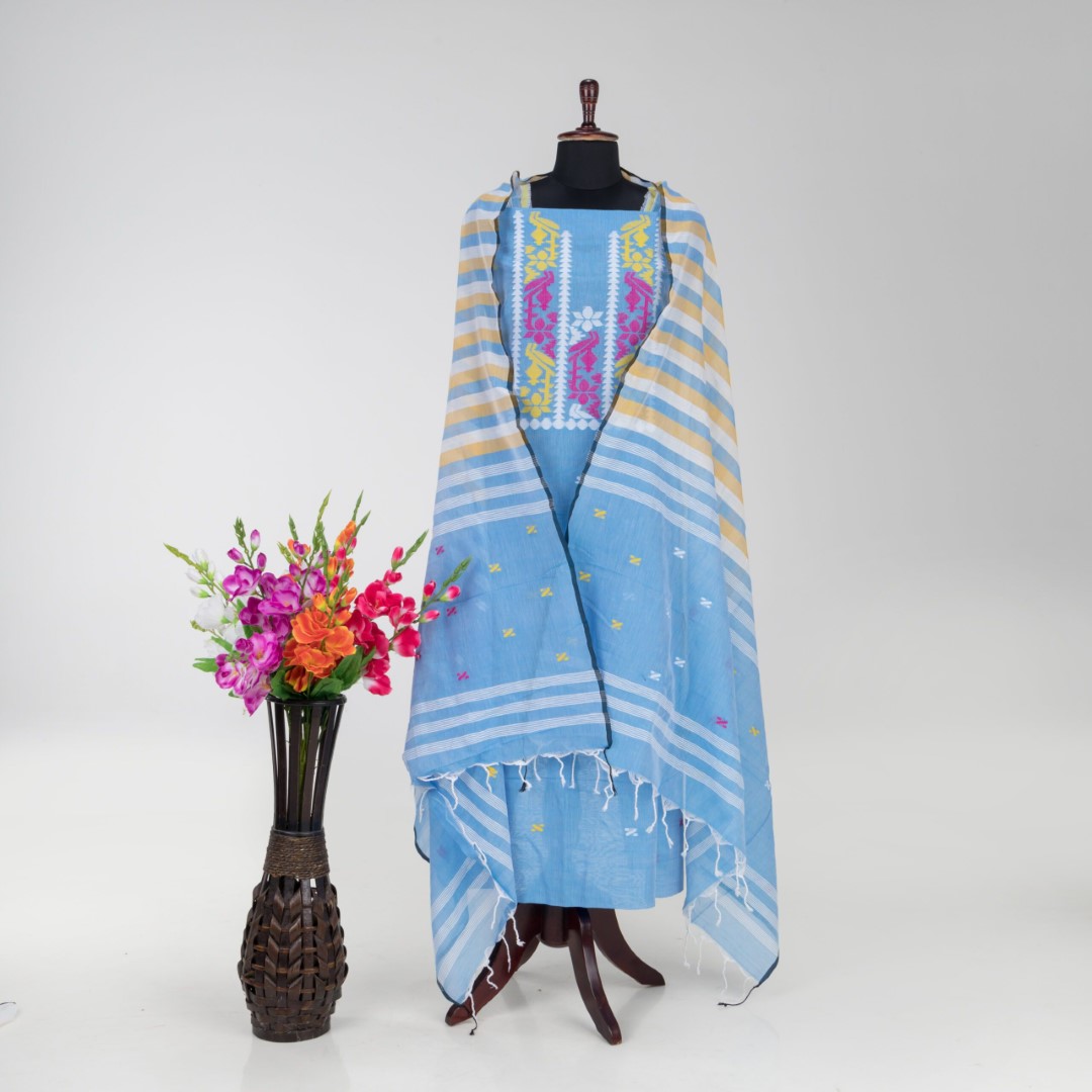 Comfortable Handloom Cotton Muslin Dhakai Jamdani Kurti & Dupatta Set by Adrika