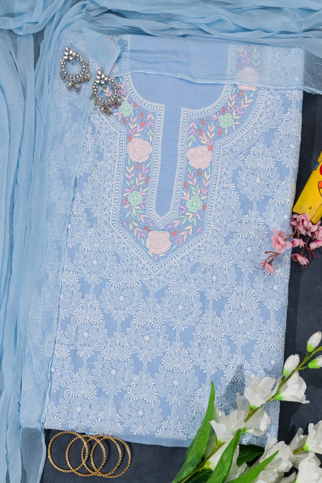 Adrika's Lucknow Chikankari Powder Blue Cotton Unstitched 3-Piece Kurti Set