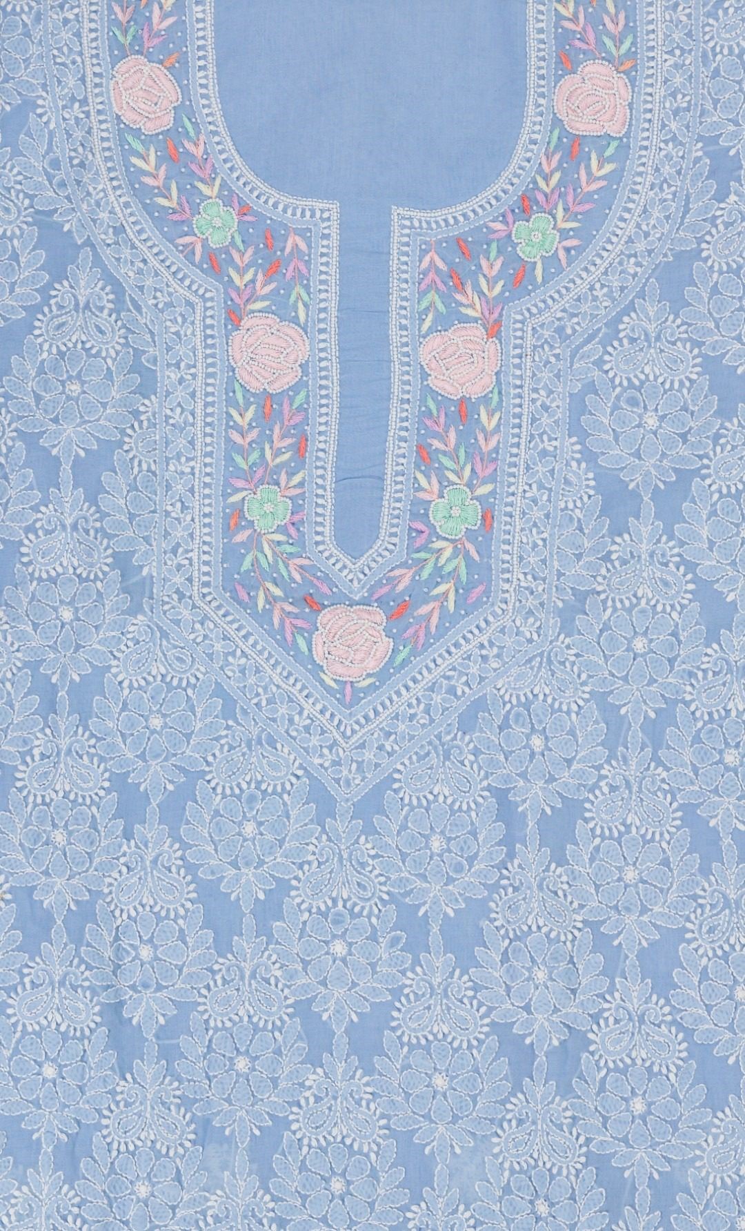 Exquisite Lucknow Chikankari Powder Blue Cotton Unstitched 3-Piece Kurti Set by Adrika