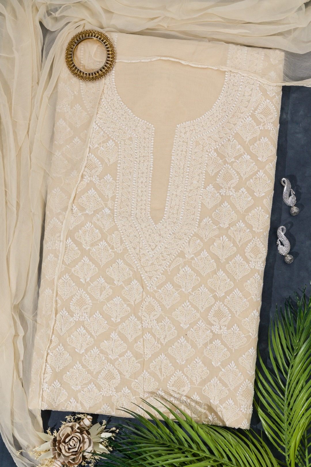 Adrika's Lucknow Chikankari Butter Colour Cotton Unstitched 3-Piece Kurti Set with intricate embroidery