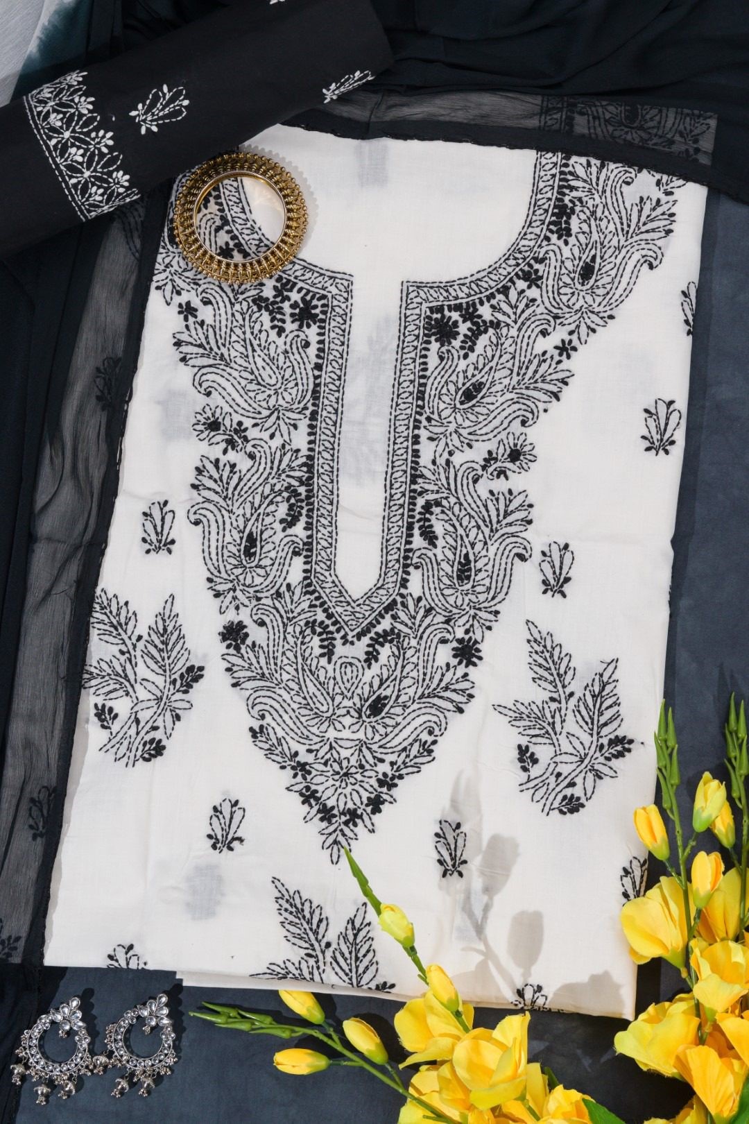 Adrika's Lucknow Chikankari Cotton White Unstitched 3-Piece Kurti Set
