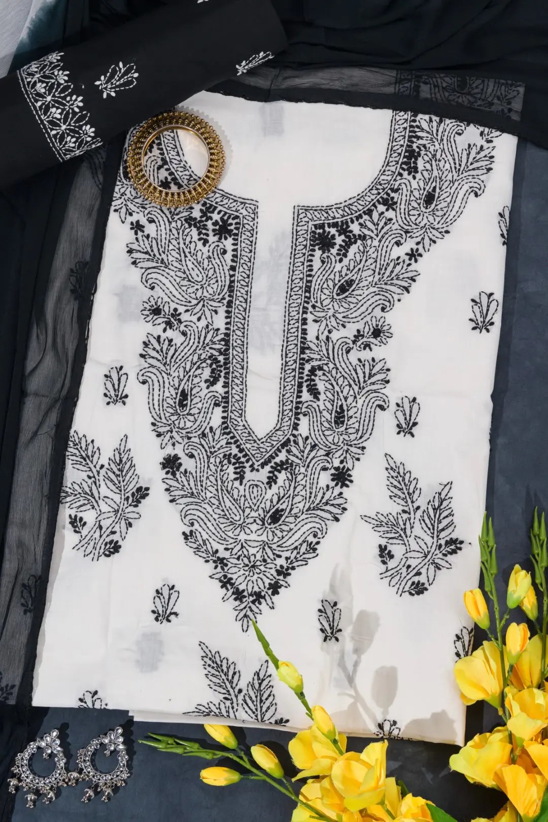 Adrika's Lucknow Chikankari Cotton White Unstitched 3-Piece Kurti Set