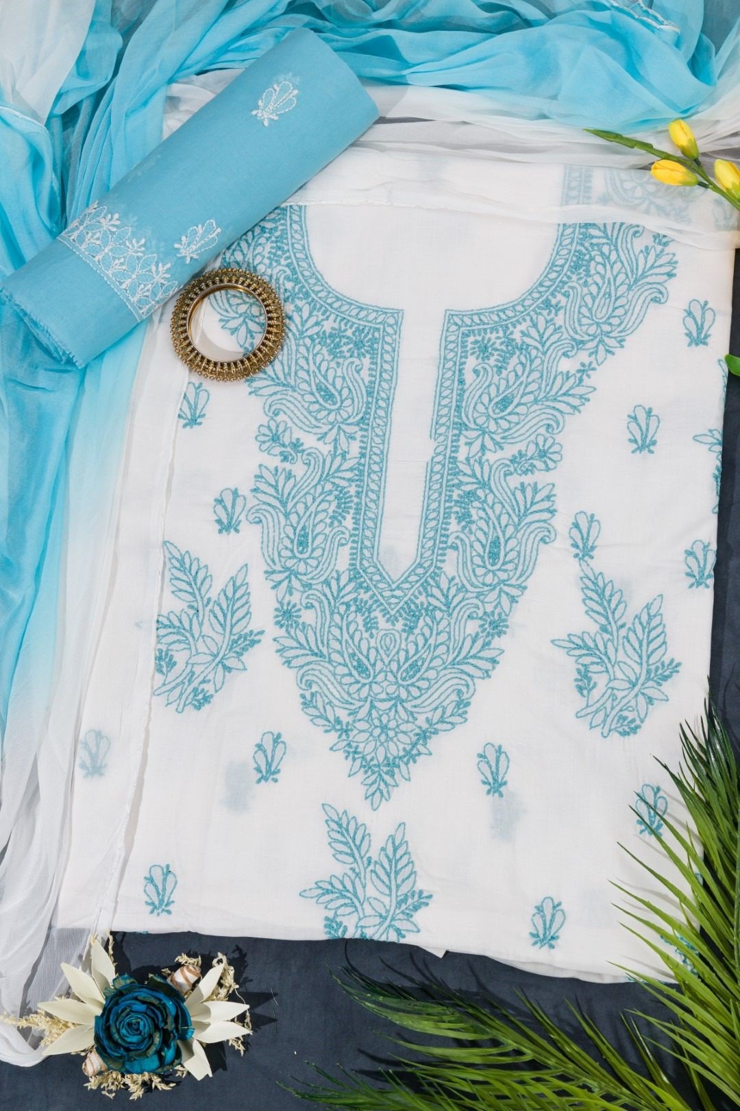Adrika's Lucknow Chikankari Cotton White Unstitched 3-Piece Kurti Set"
