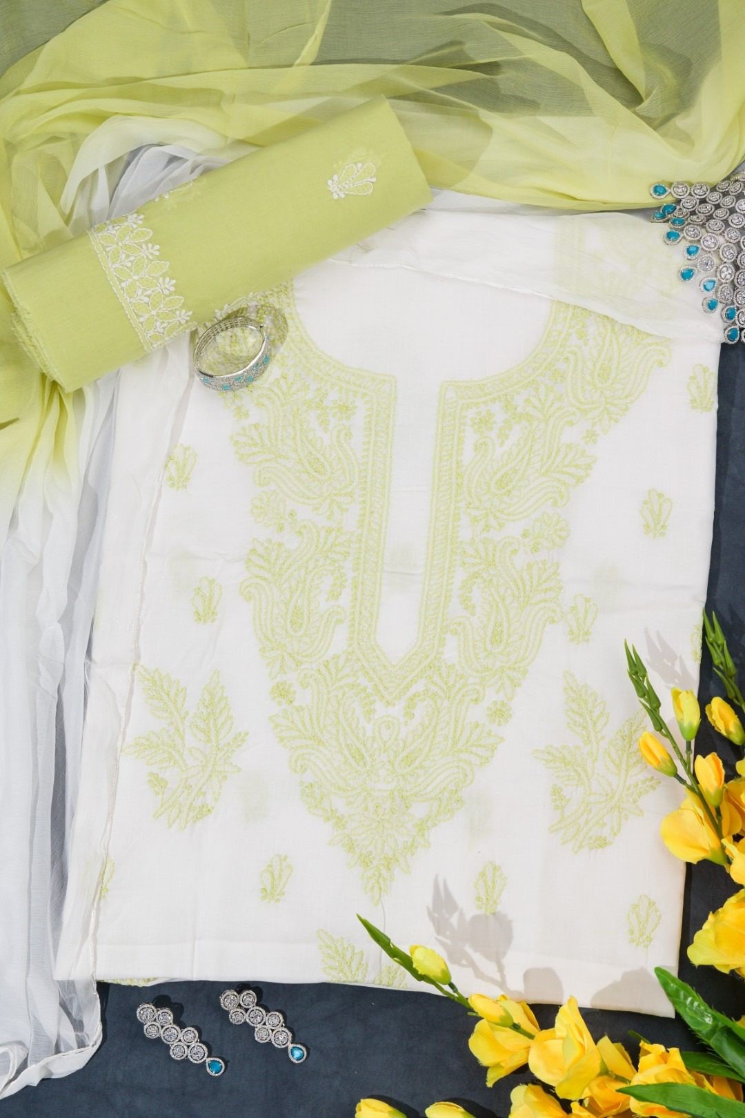 Adrika's Lucknow Chikankari Cotton White Unstitched 3-Piece Kurti Set