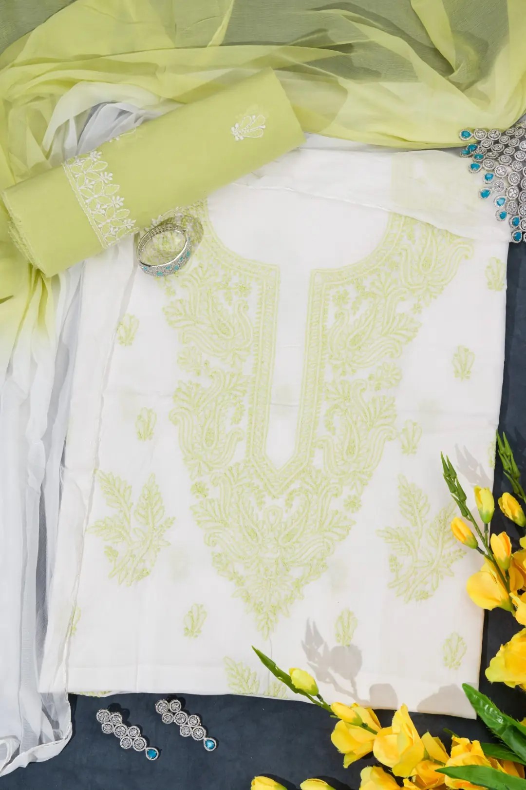 Adrika's Lucknow Chikankari Cotton White Unstitched 3-Piece Kurti Set
