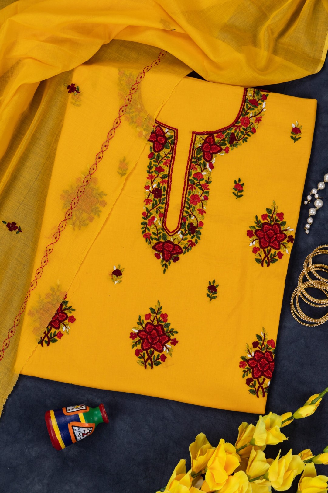 elegant hand-embroidered cotton unstitched kurta set