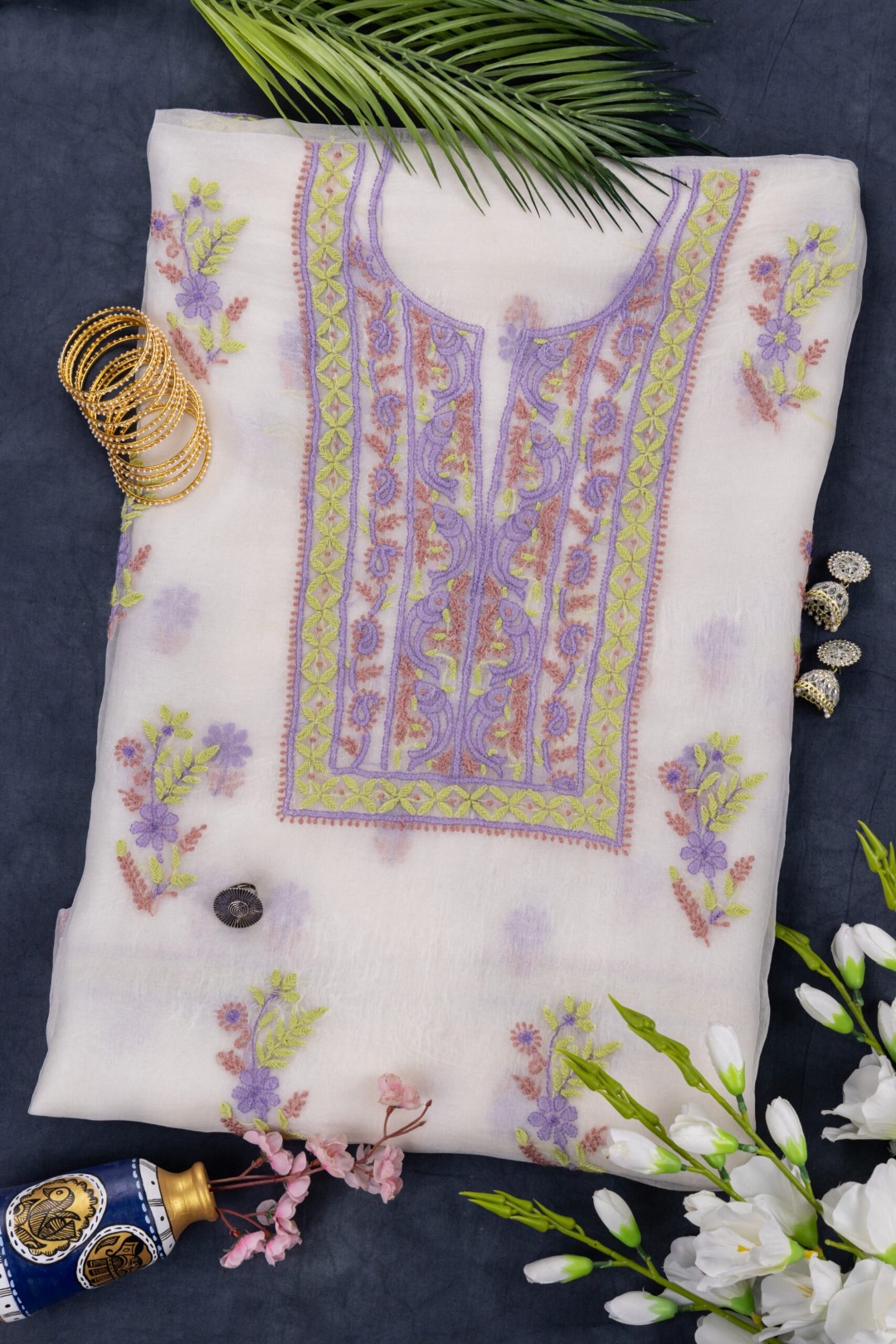 Handcrafted Lucknow Chikankari Organza Unstitched 2-Piece Kurti Set