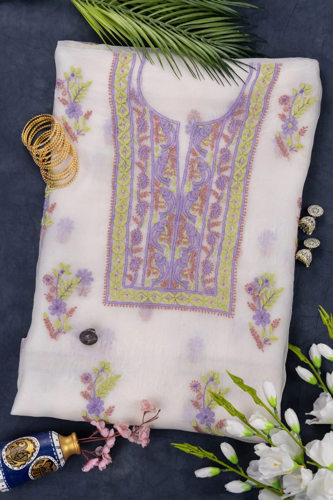 Handcrafted Lucknow Chikankari Organza Unstitched 2-Piece Kurti Set