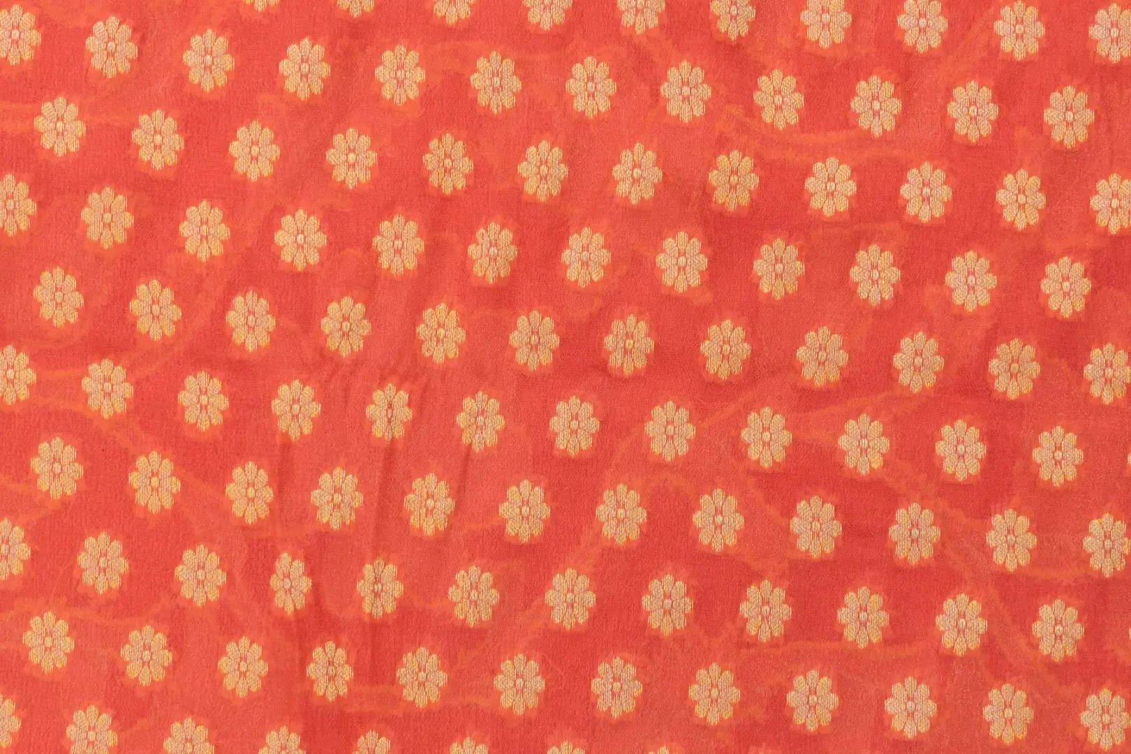Hand-embroidered Pure Handloom Banarasi Chiffon Neon Orange Kurti & Dupatta Set with Zari Work by Adrika
