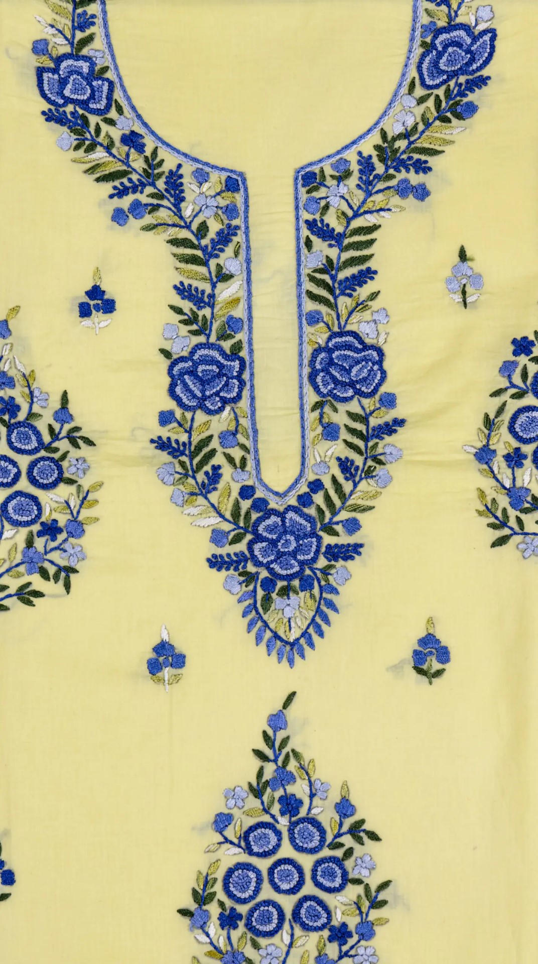 Unstitched cotton 3 piece kurta set with detailed hand embroidery by Adrika