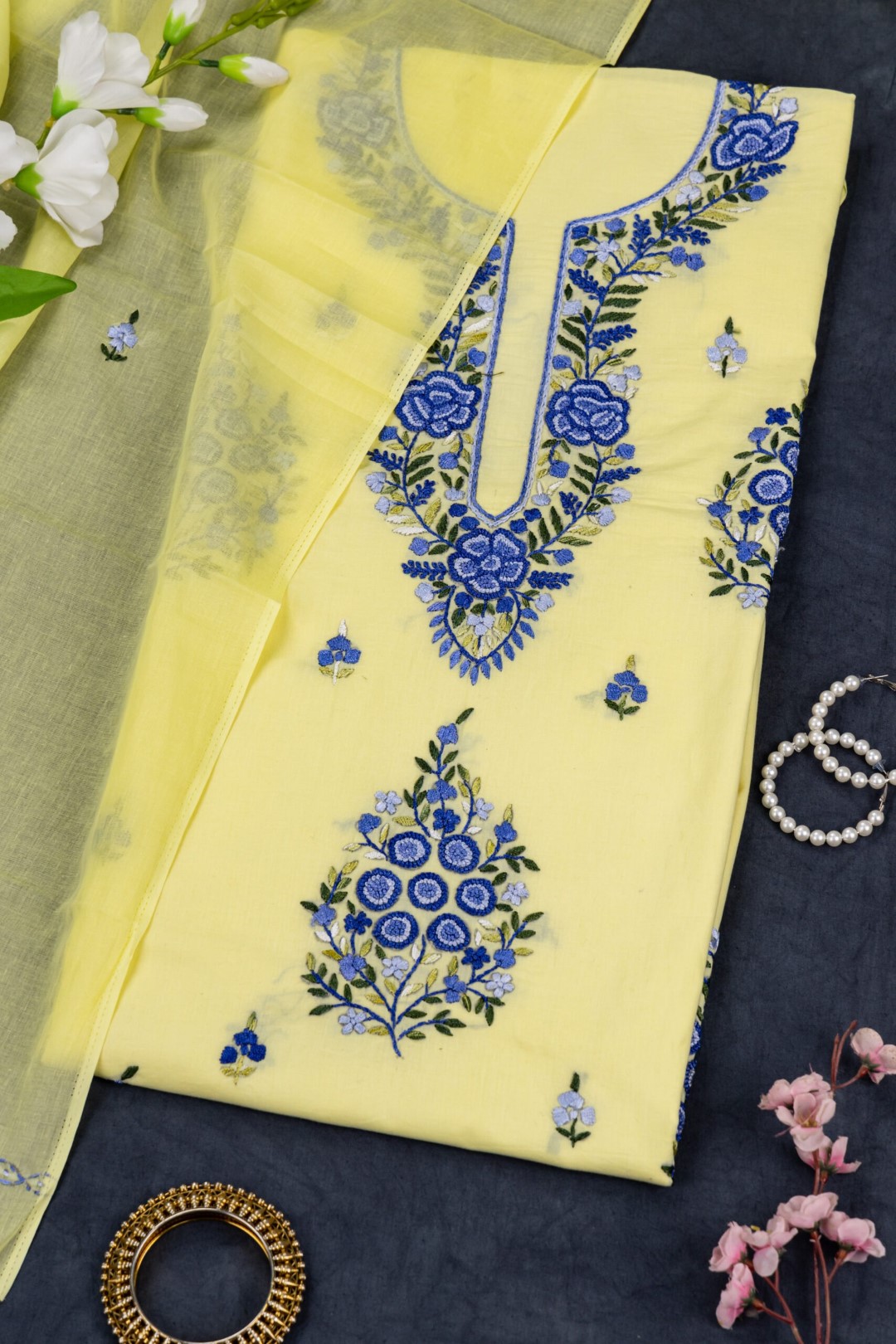 Adrika’s elegant hand-embroidered unstitched cotton 3 piece kurta set