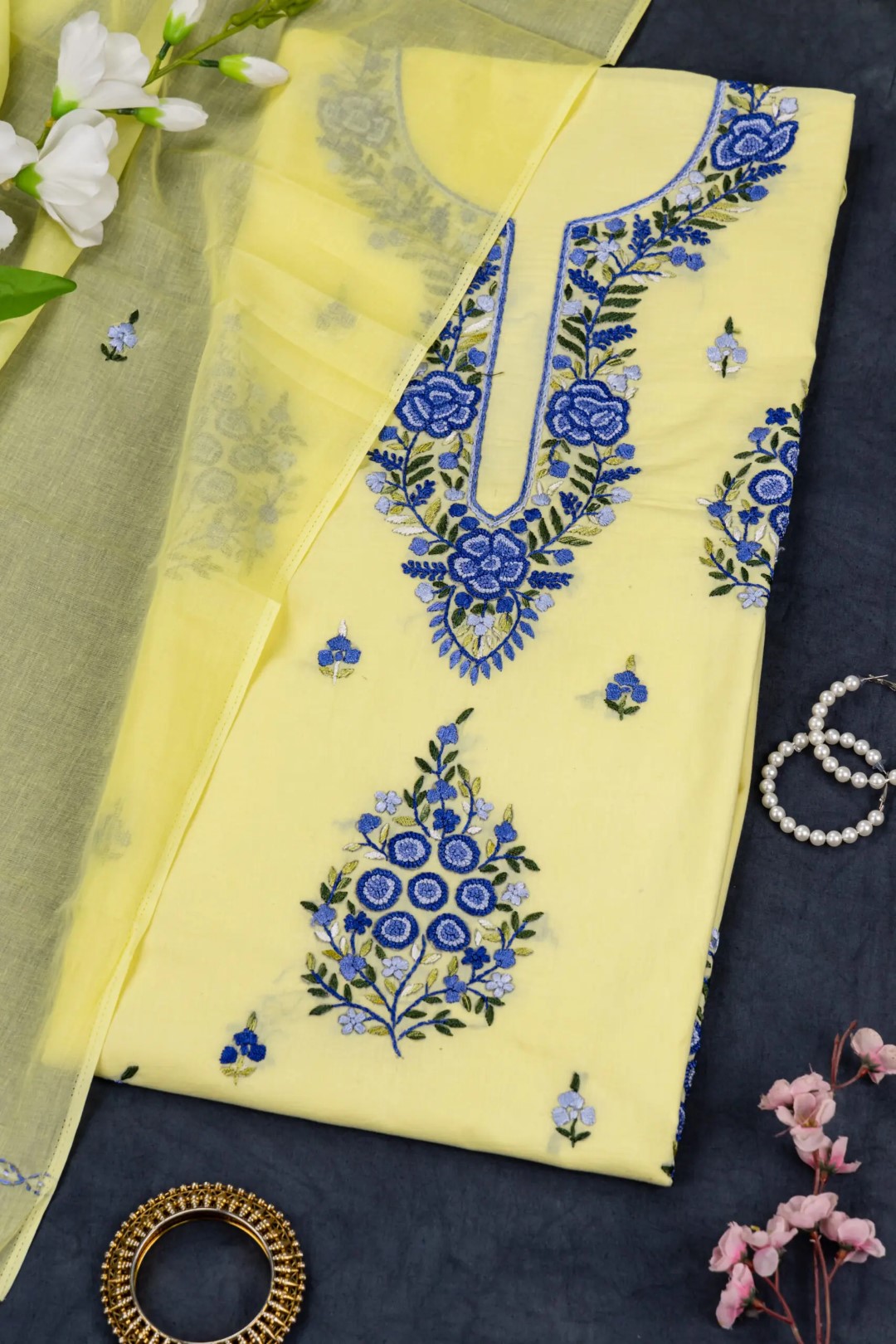 Adrika’s elegant hand-embroidered unstitched cotton 3 piece kurta set