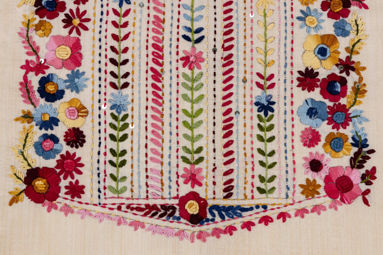 Semi Tussar kurta with detailed hand embroidery by Adrika