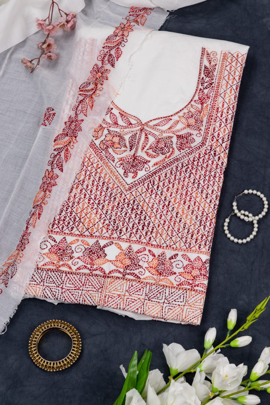 Adrika's hand-embroidered cotton unstitched 3 piece kurta set fabric