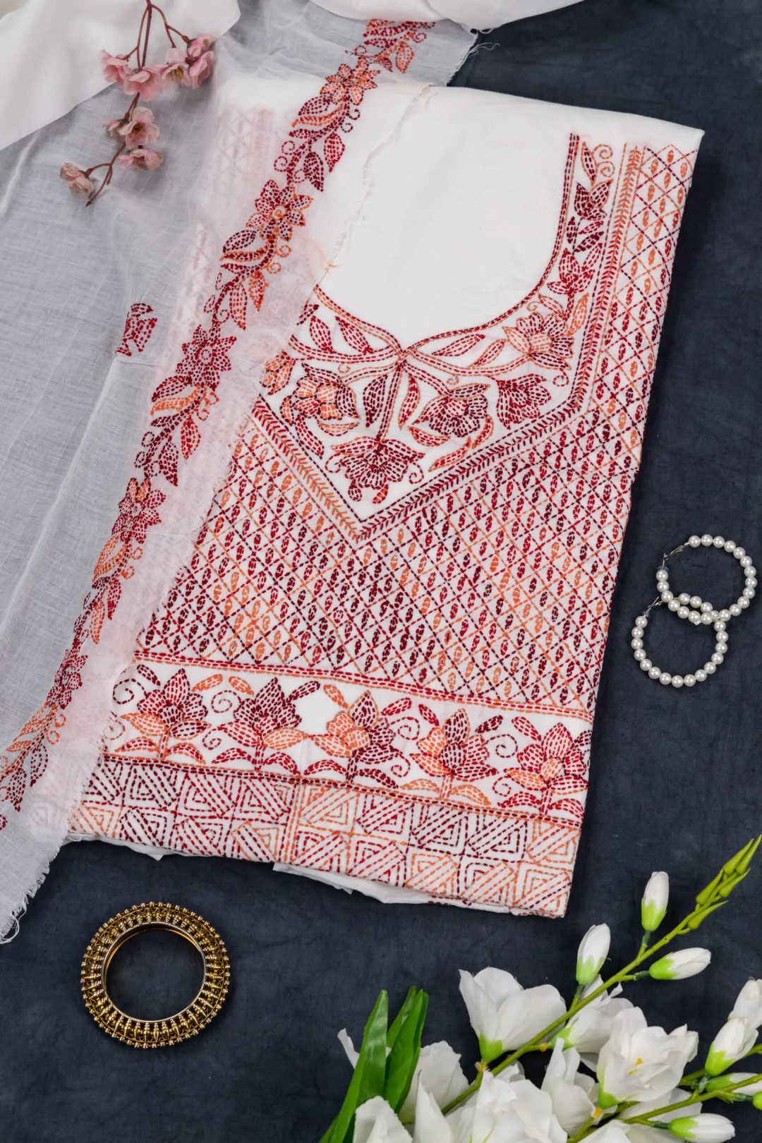 Adrika's hand-embroidered cotton unstitched 3 piece kurta set fabric