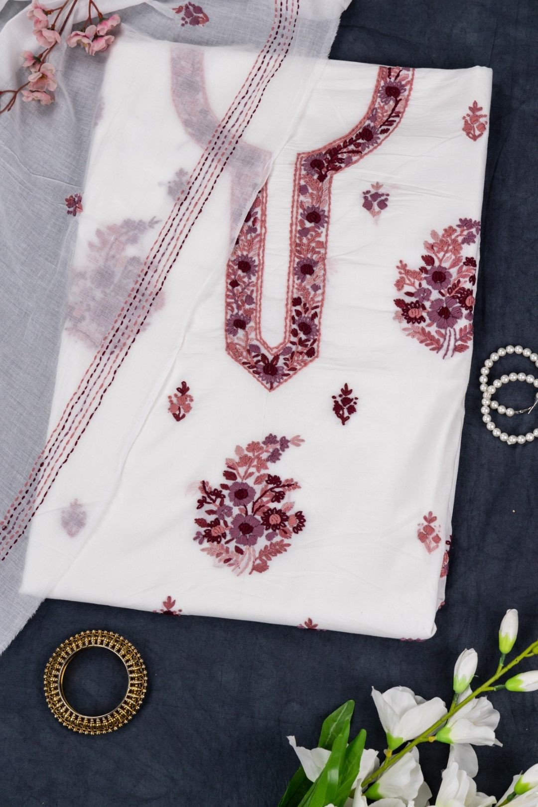 Adrika Hand Embroidered Cotton 3 Piece Unstitched Kurta Set