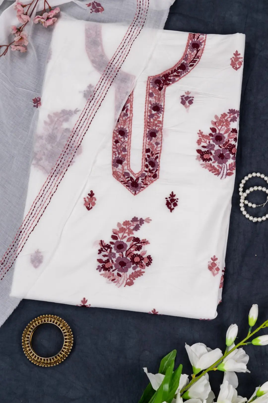Adrika Hand Embroidered Cotton 3 Piece Unstitched Kurta Set
