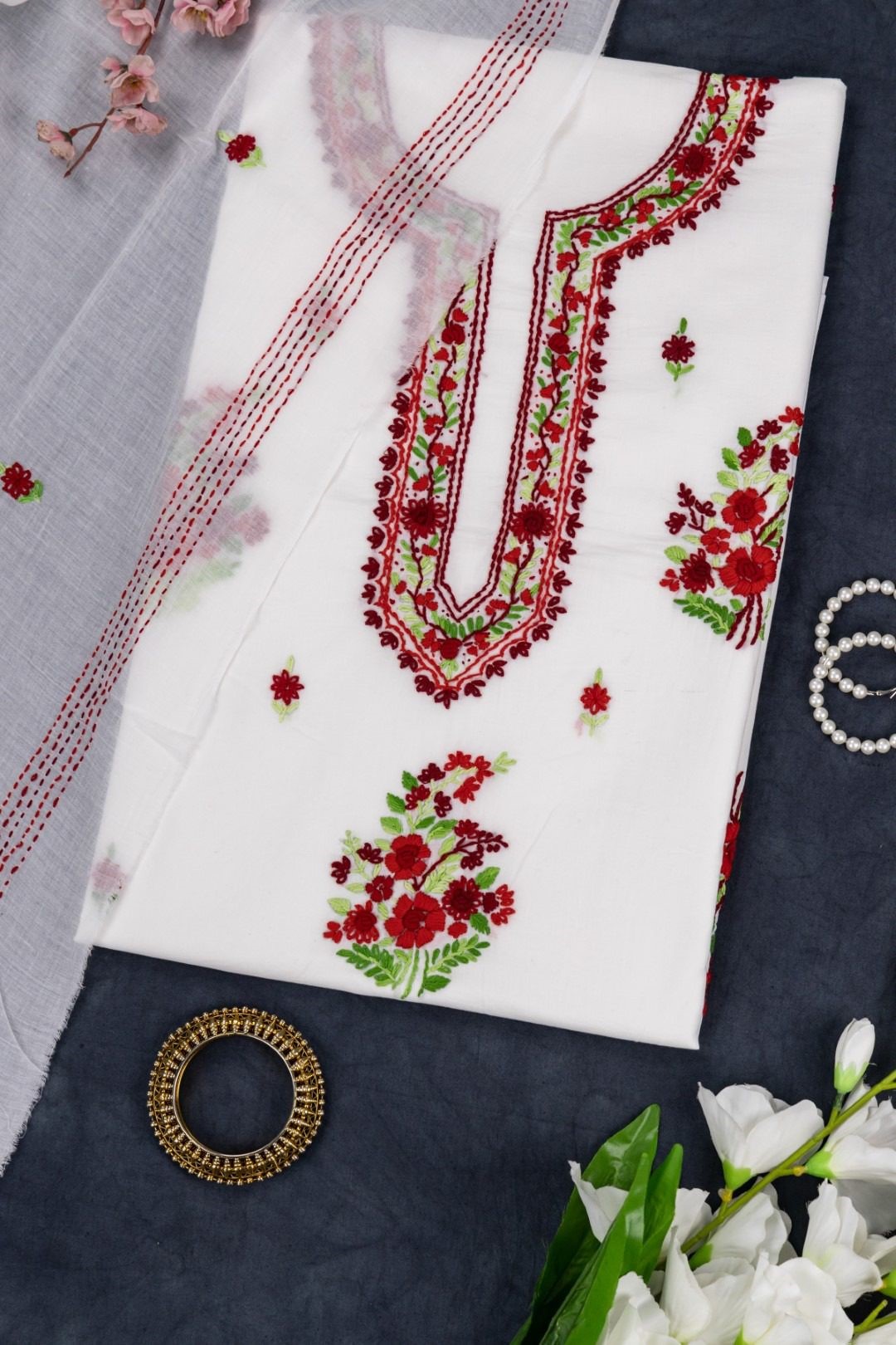 Adrika Hand Embroidered 3 Piece Unstitched Kurta Set