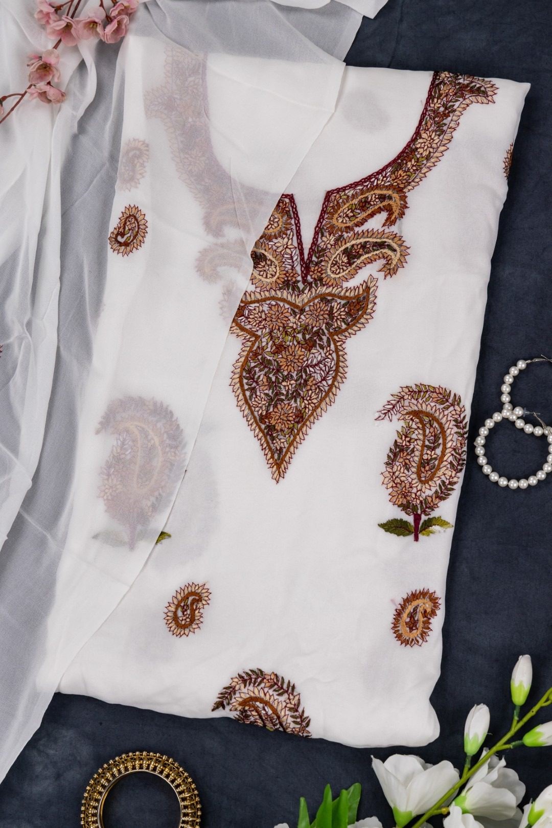 Adrika Hand Embroidered Georgette Unstitched Kurta With Dupatta