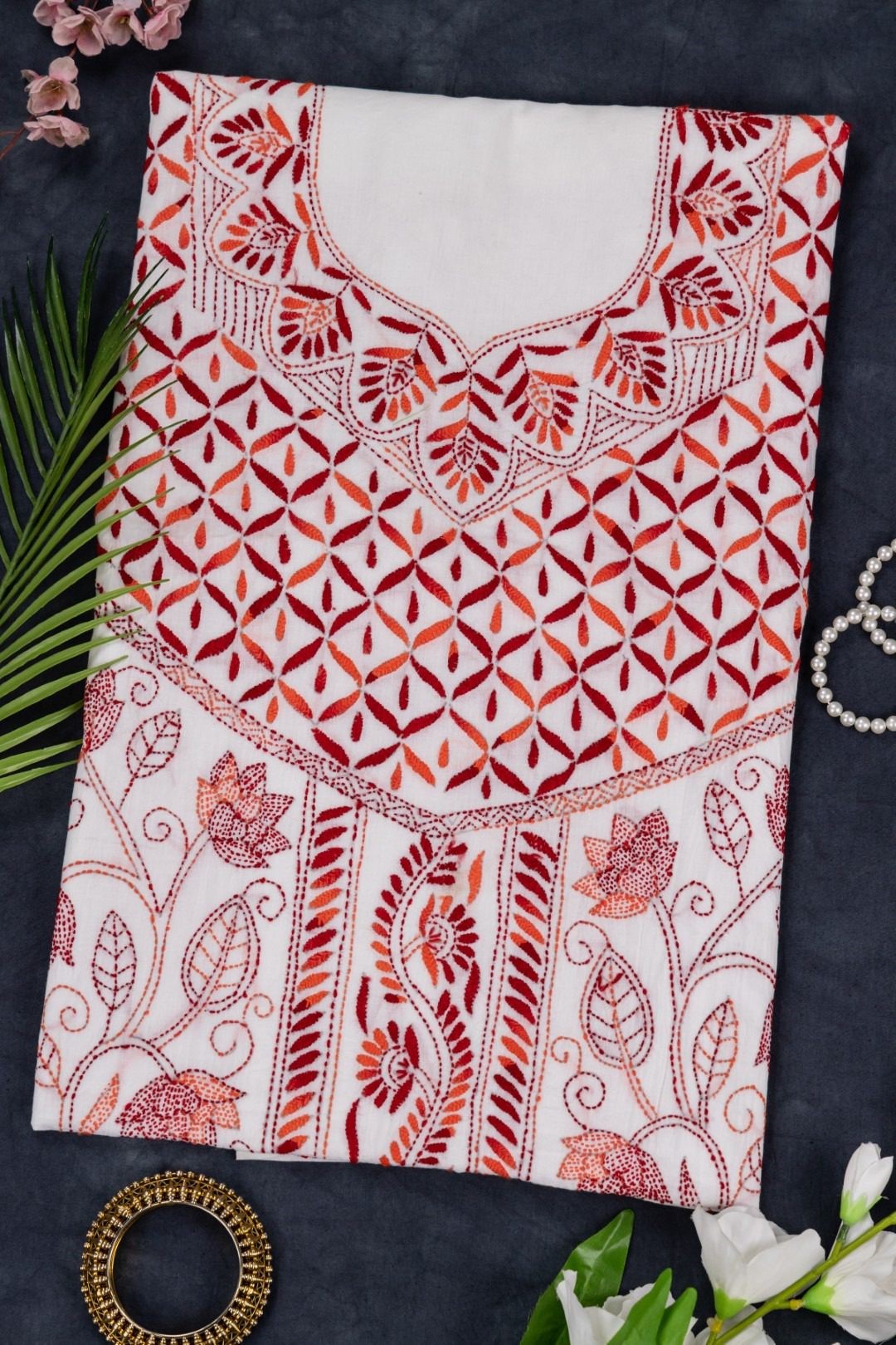 Adrika Orange & Maroon Hand Embroidered Cotton Unstitched Kurta