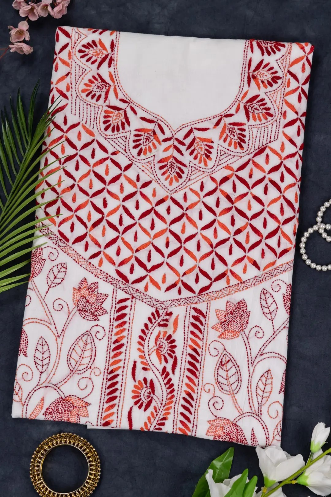 Adrika Orange & Maroon Hand Embroidered Cotton Unstitched Kurta