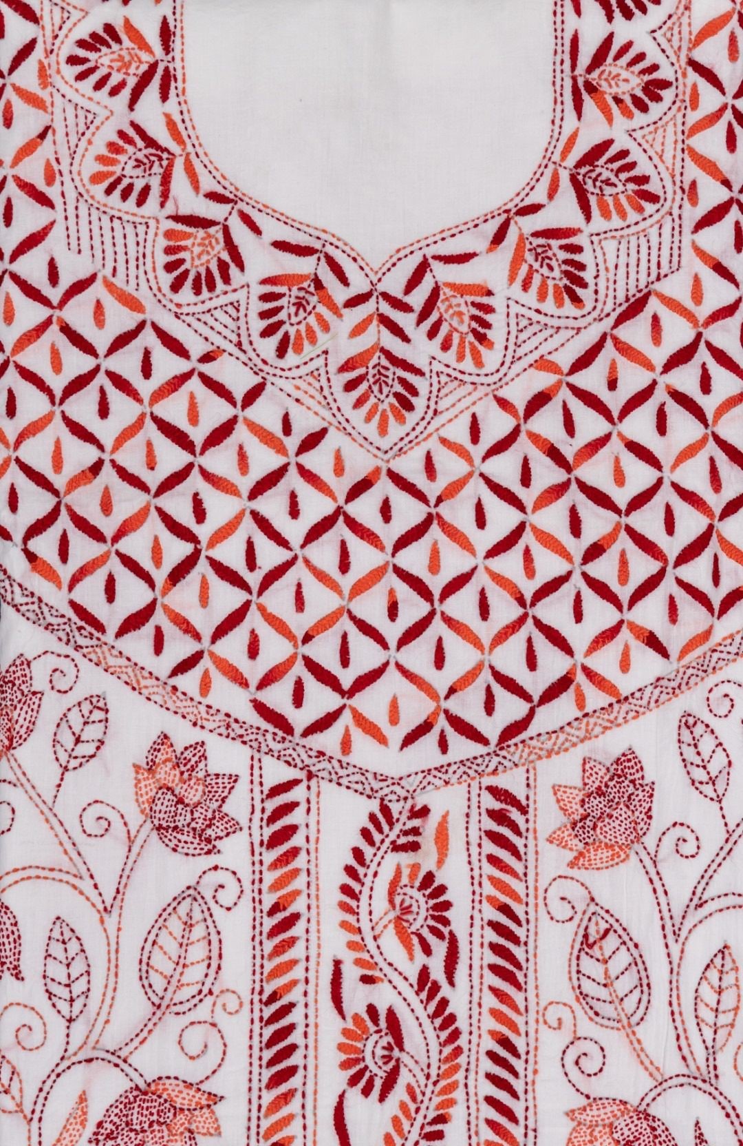 Unstitched Orange & Maroon Cotton Kurta with Hand Embroidery by Adrika