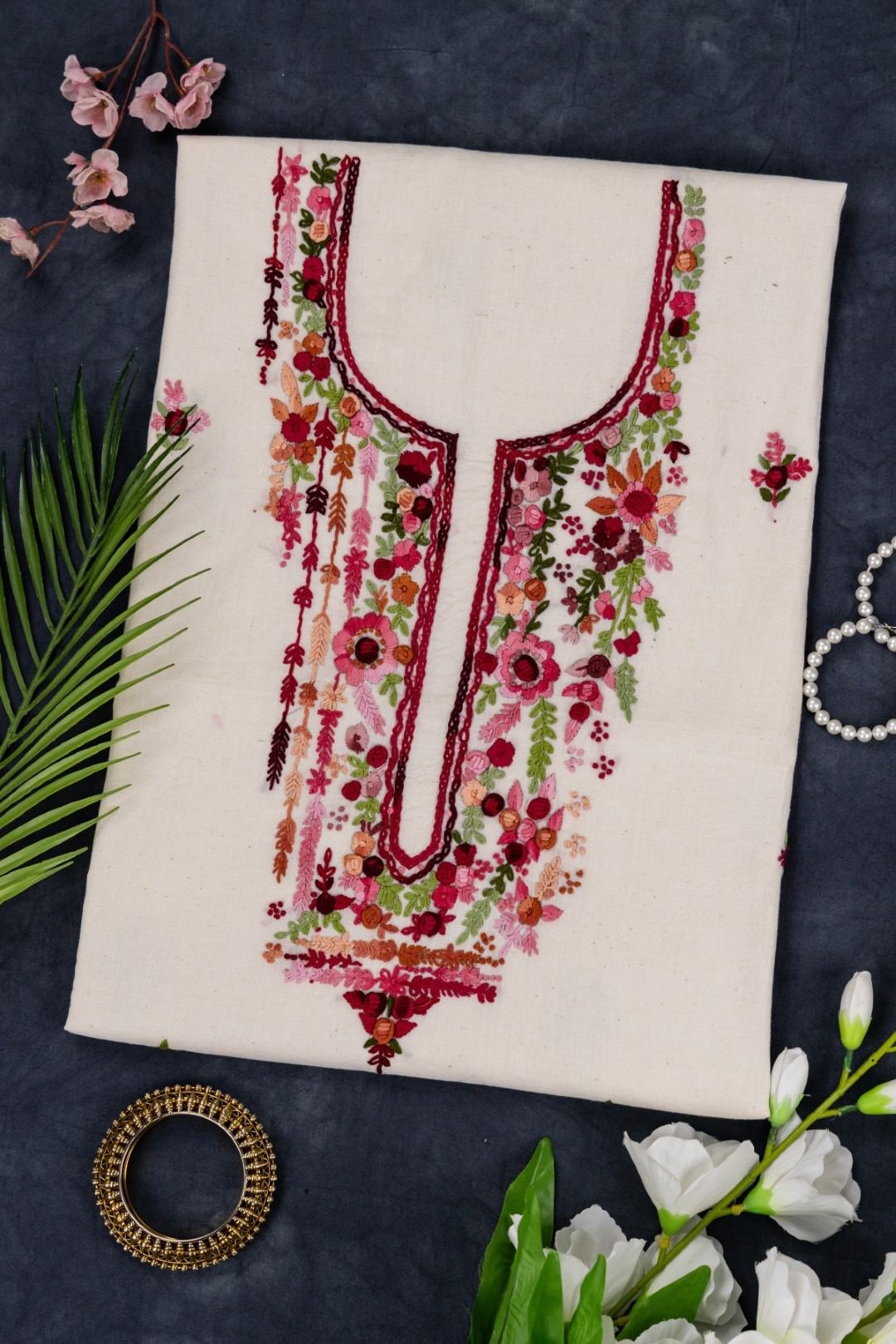 Adrika Hand Embroidered Kora Cotton Unstitched Kurta