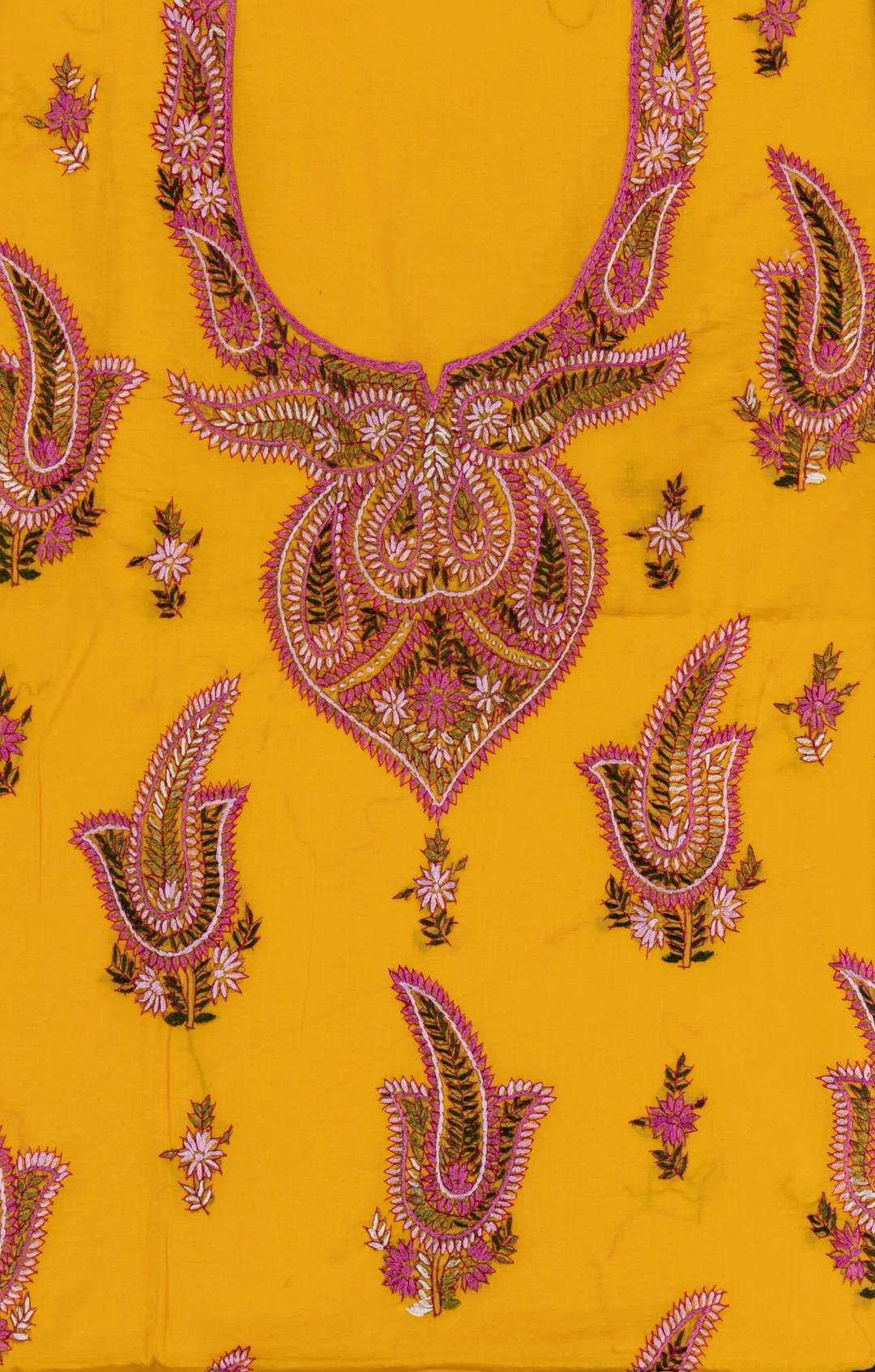 hand-embroidered cotton unstitched kurta, bottom, and dupatta set