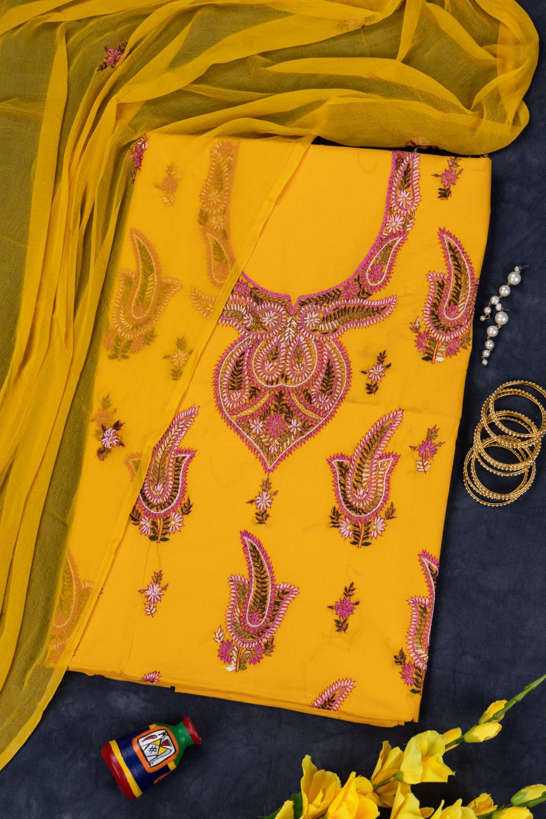Handcrafted cotton unstitched 3 piece kurta set with detailed embroidery by Adrika