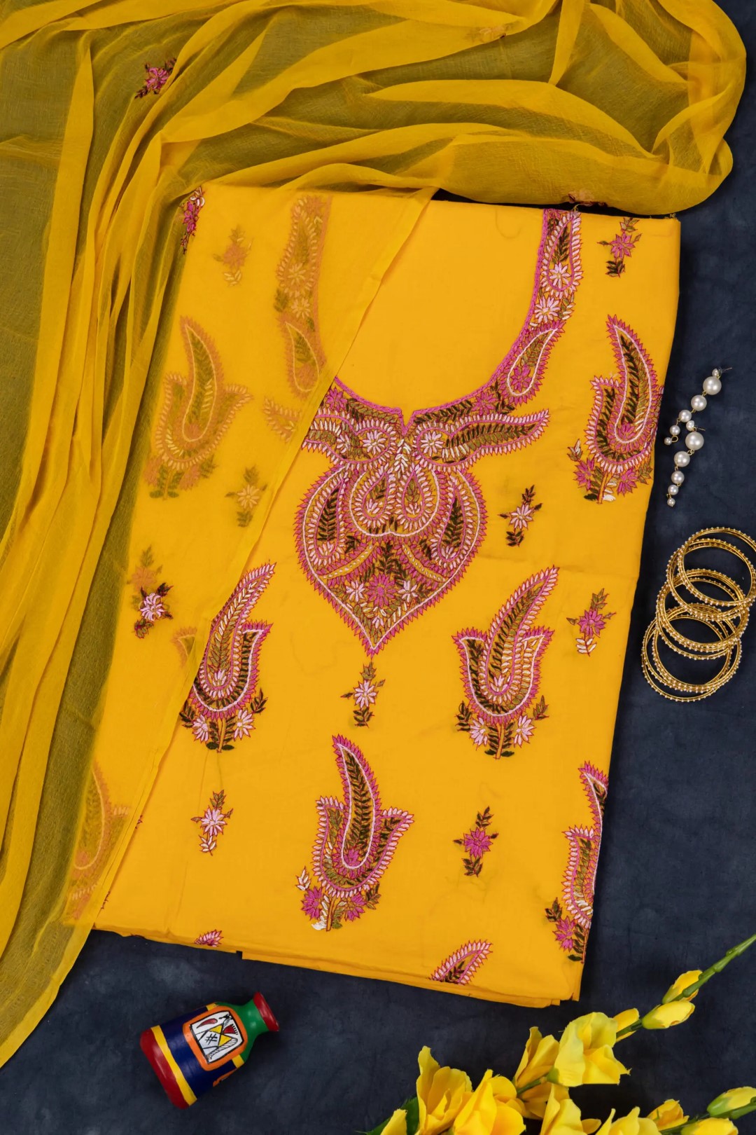 Handcrafted cotton unstitched 3 piece kurta set with detailed embroidery by Adrika