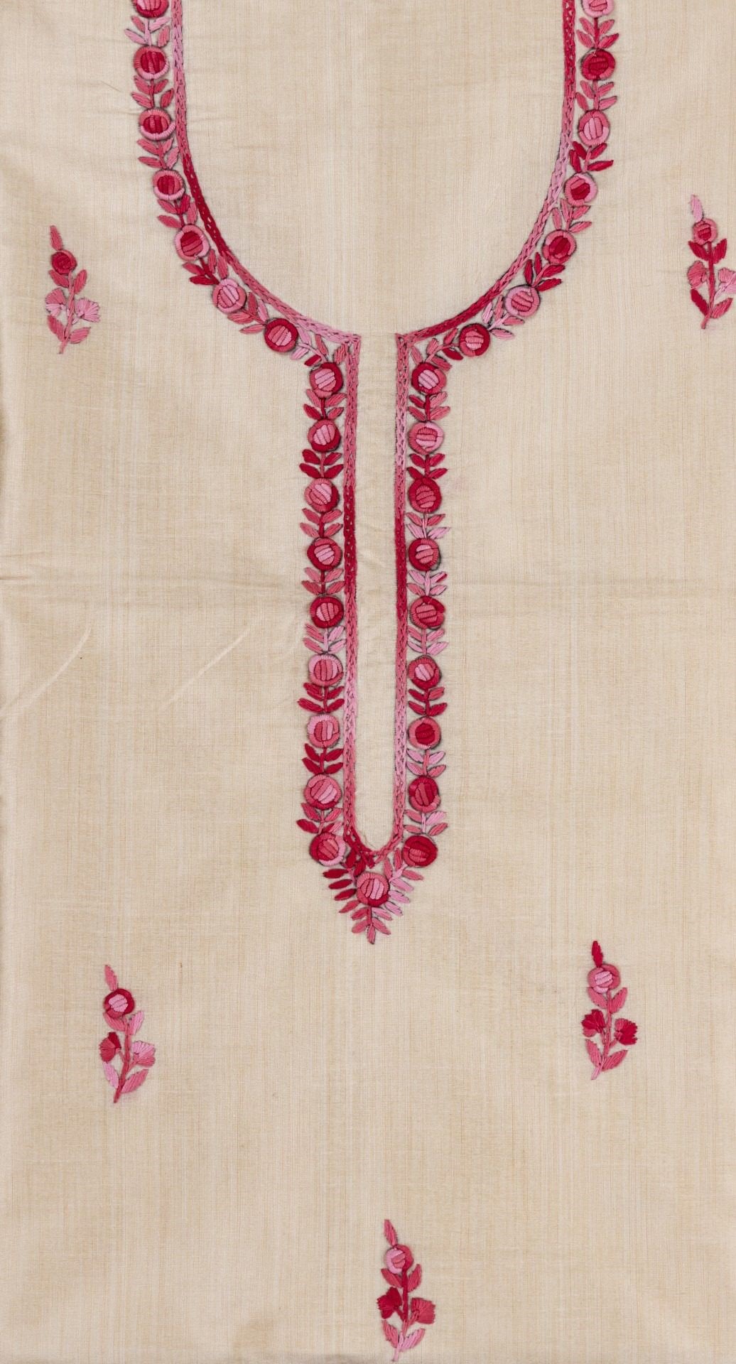 Unstitched Semi Tussar Kurta with Detailed pink Embroidery by Adrika