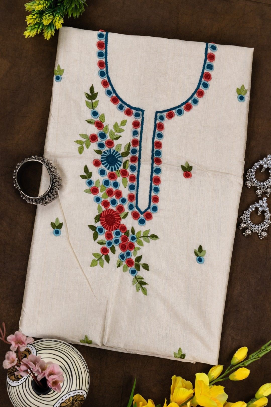Adrika Hand Embroidered Multicoloured Semi Tussar Kurta