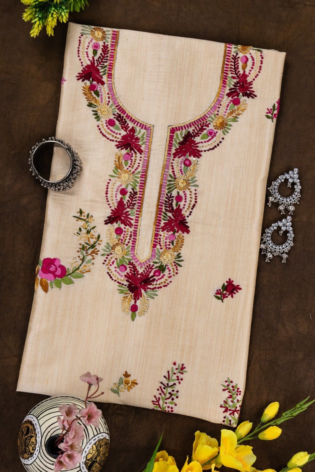 Adrika Semi Tussar Kurta Featuring Multicoloured Hand Embroidery