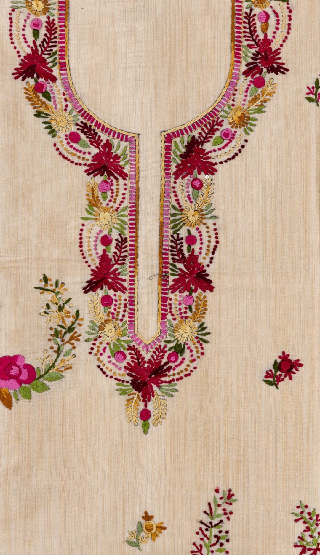 Vibrant Multicoloured Thread Hand Embroidered Semi Tussar Kurta by Adrika