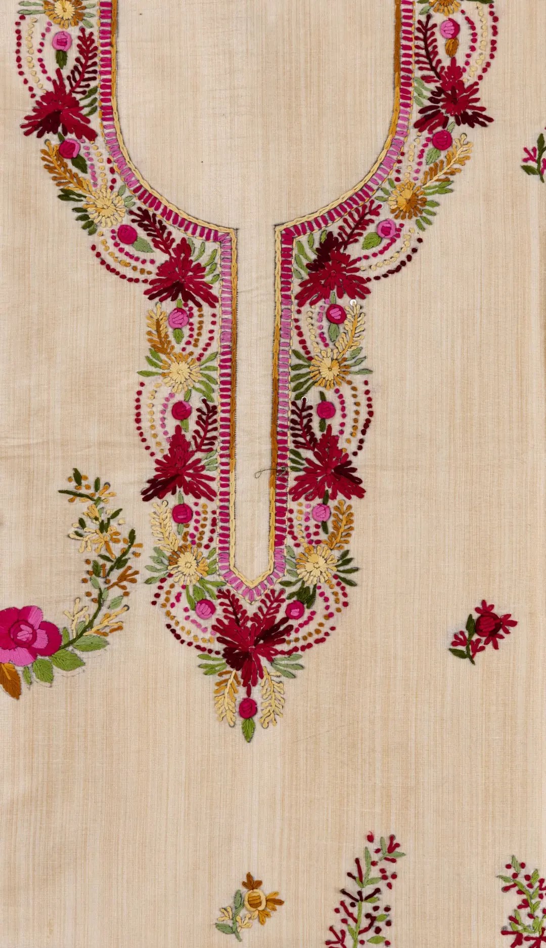 Vibrant Multicoloured Thread Hand Embroidered Semi Tussar Kurta by Adrika