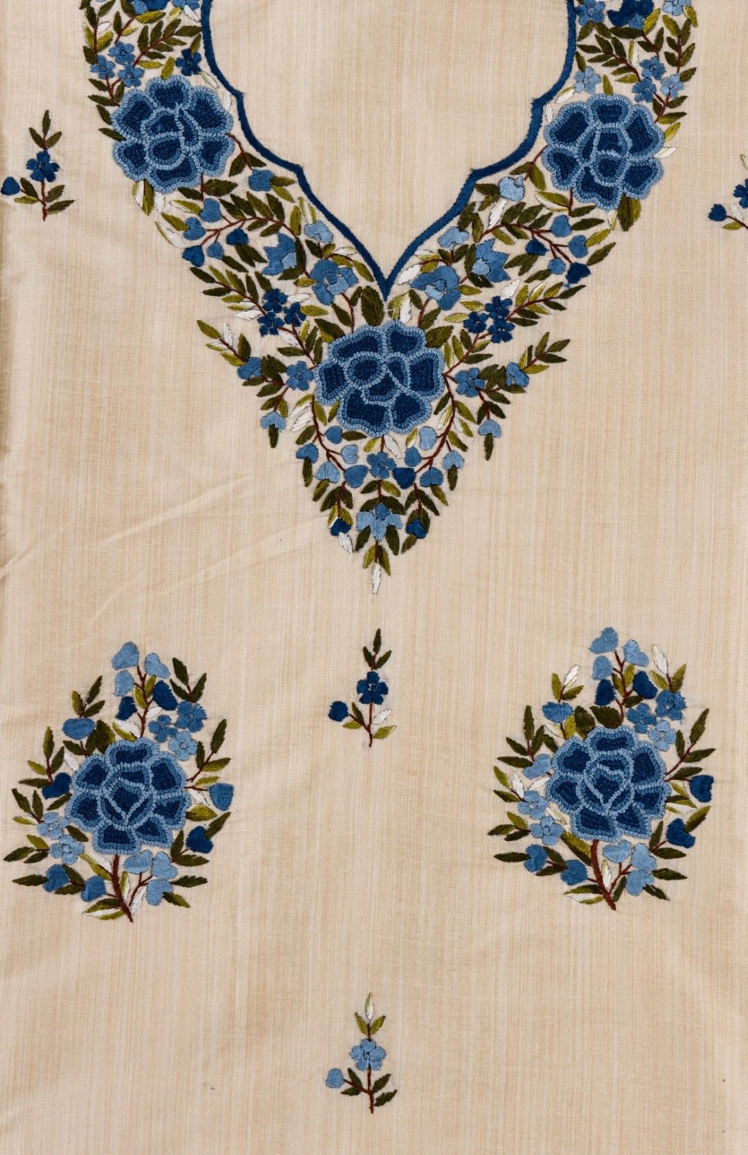 beautifully blue Thread Hand Embroidery on Semi Tussar Kurta