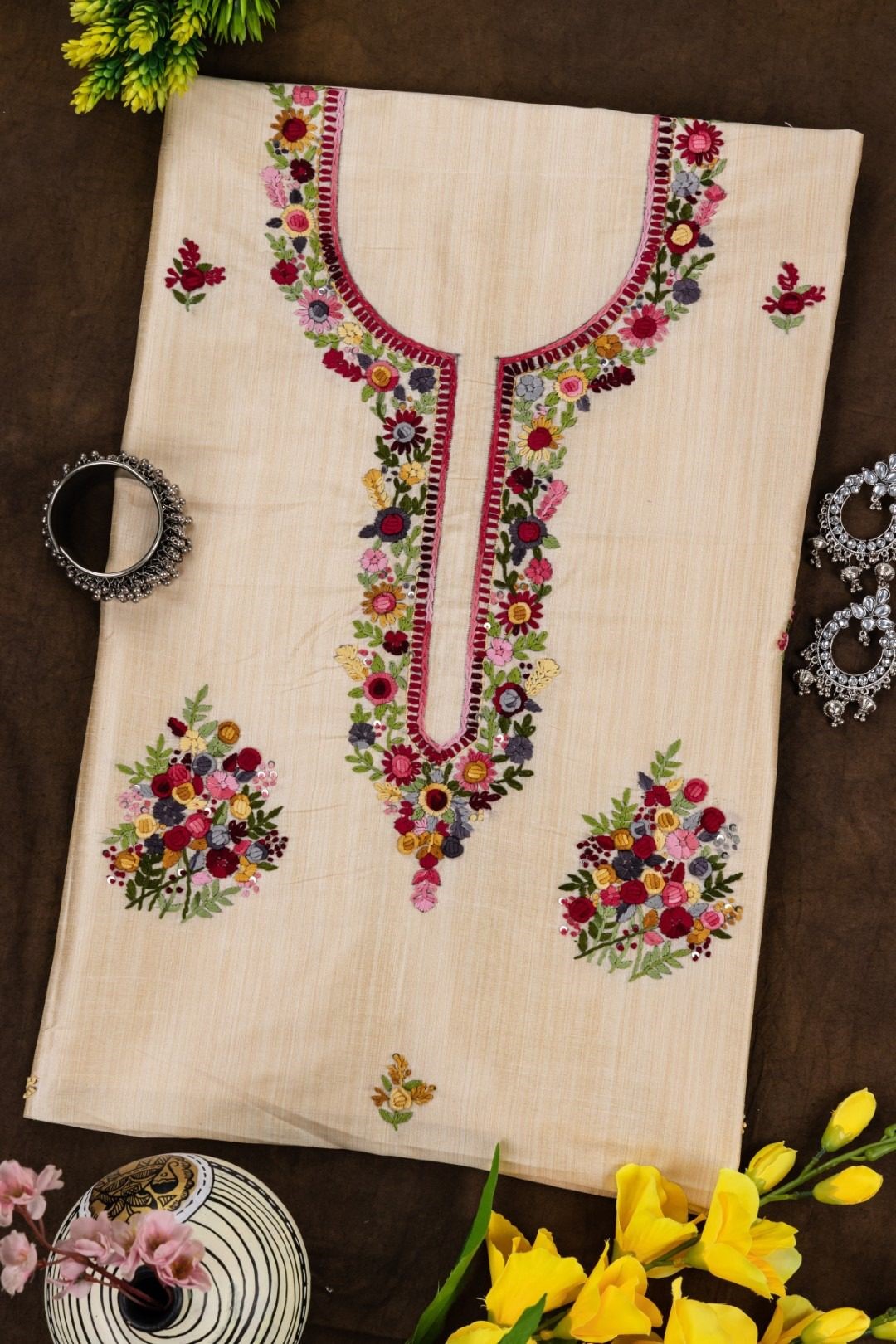 Adrika Multicoloured Thread Hand Embroidered Semi Tussar Kurta