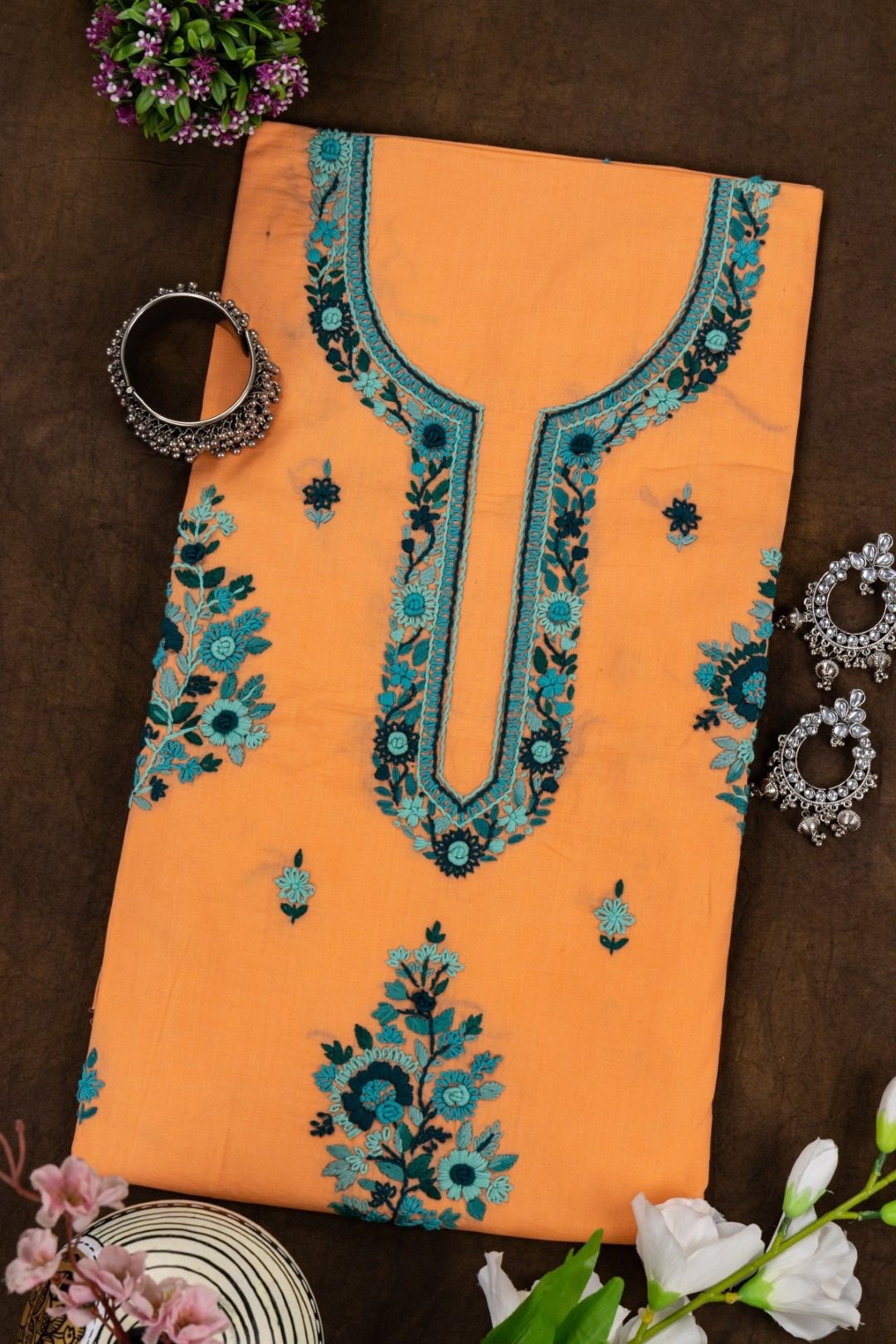 Adrika Orangish Peach Unstitched Kurta with Different Shades Of Blue Hand Embroidery