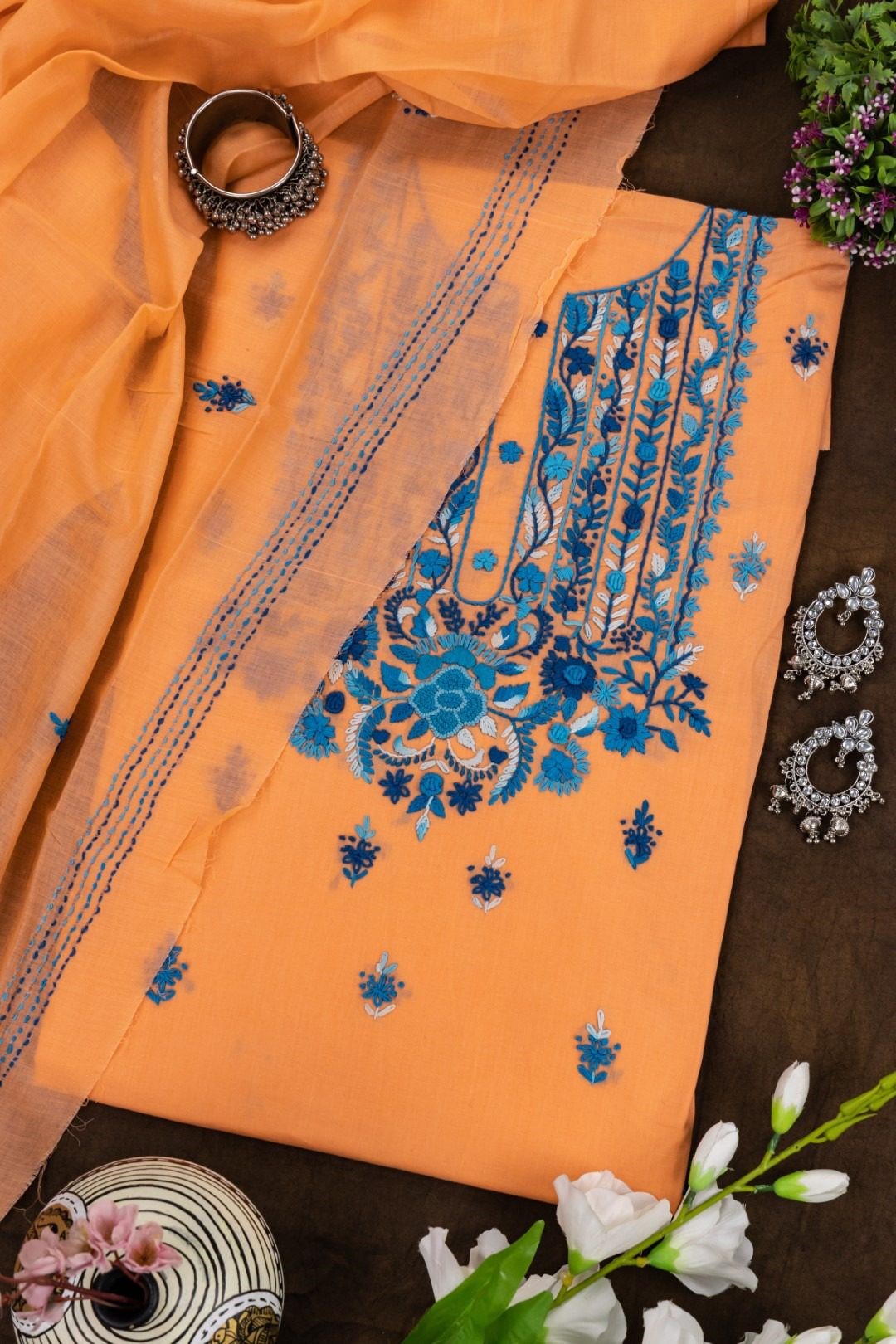 purple Hand Embroidered orange Unstitched Kurta set