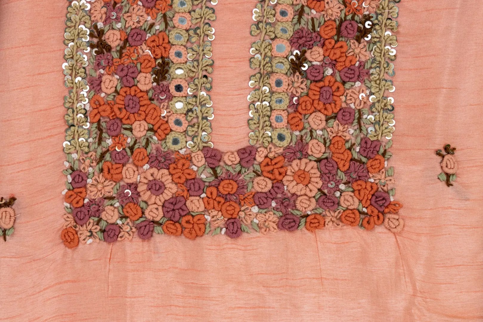 Hand Embroidered Peach Coloured Dola Silk Kurta Set by Adrika