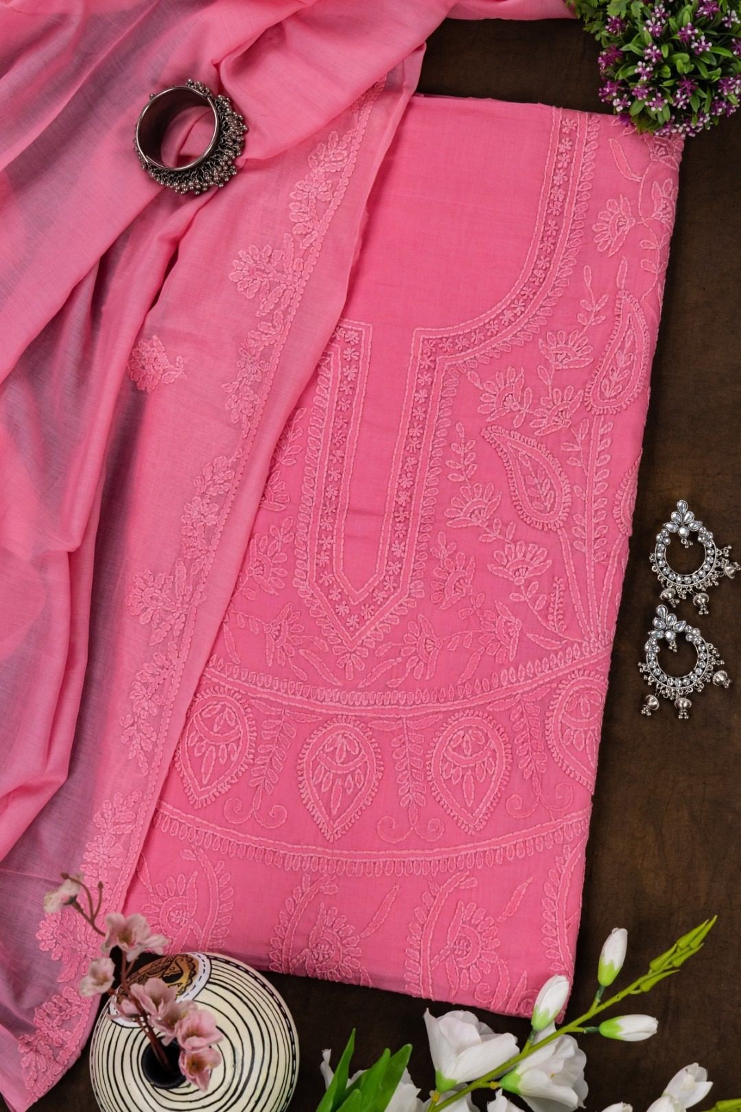 Adrika French Pink Cotton Kurta Set with Hand Embroidery and Shadow Work