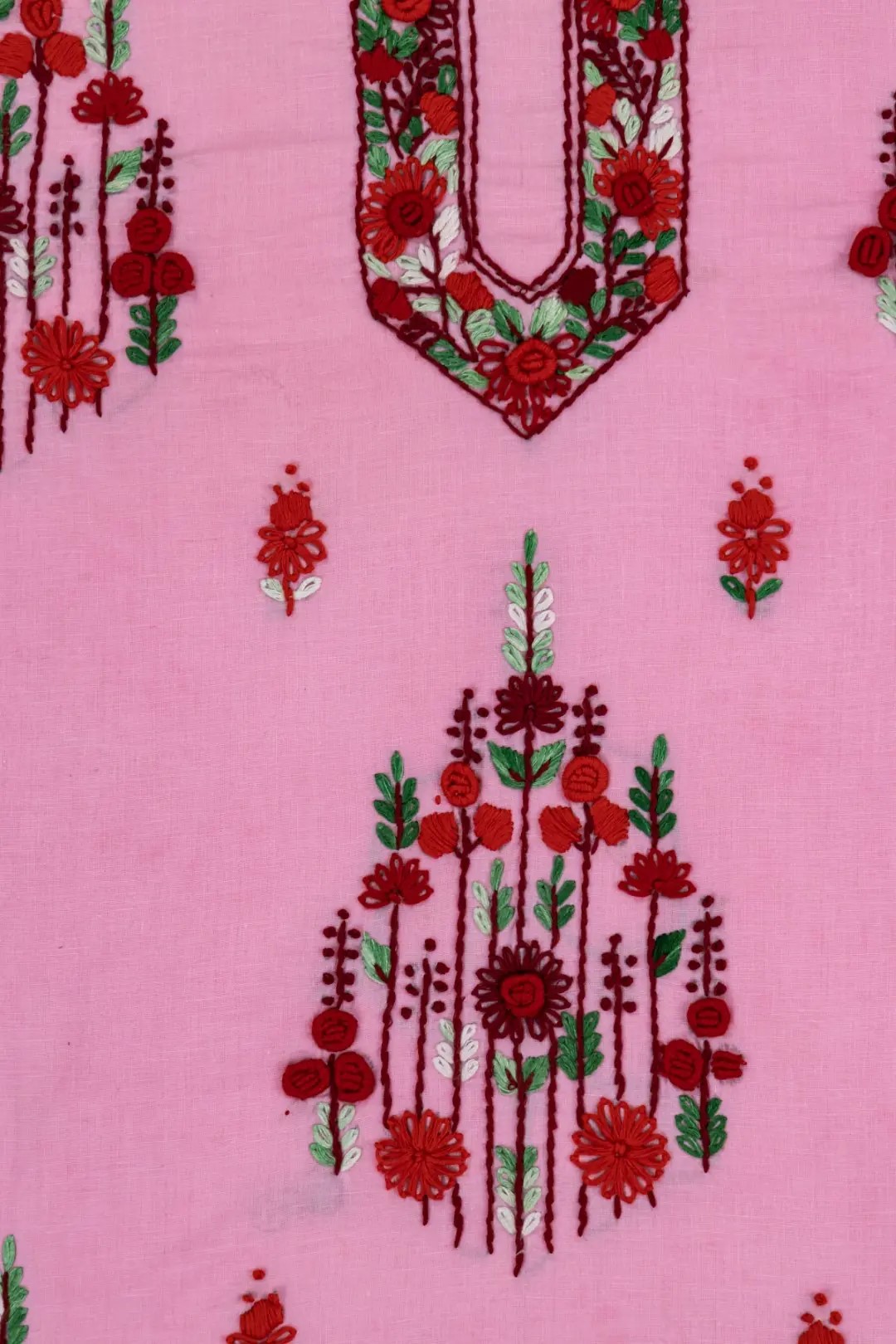 red Embroidered pink cotton Kurta Set
